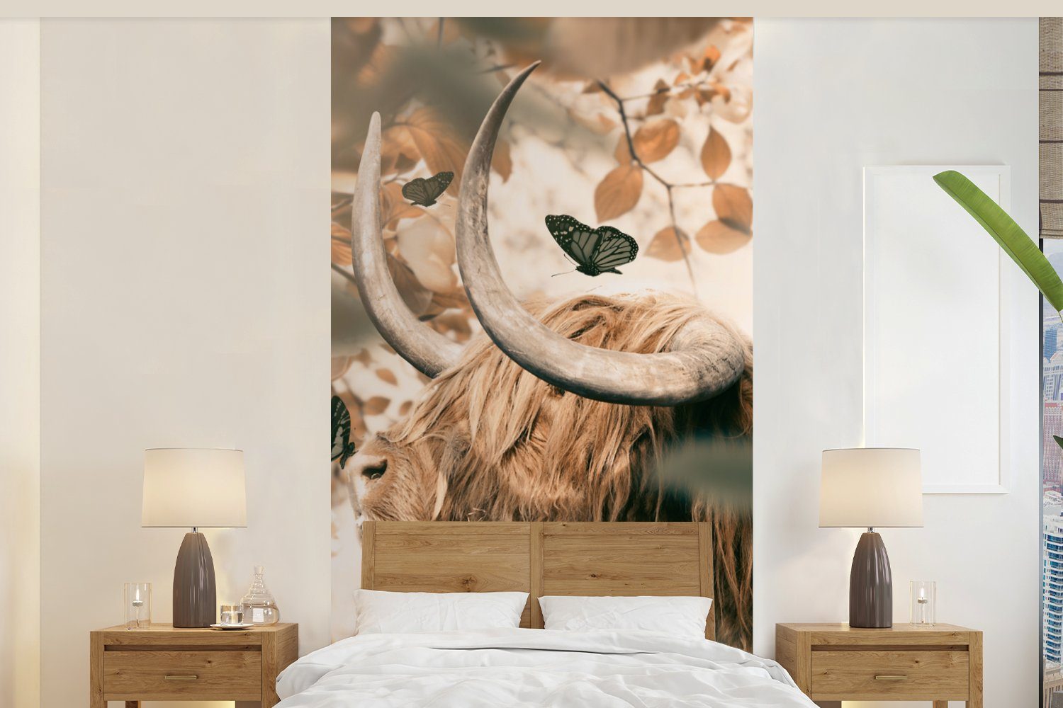 Küche, Highlander Vliestapete (2 - MuchoWow St), Fototapete Schlafzimmer Matt, bedruckt, - Schottische für Blätter, Fototapete Wohnzimmer Schmetterlinge