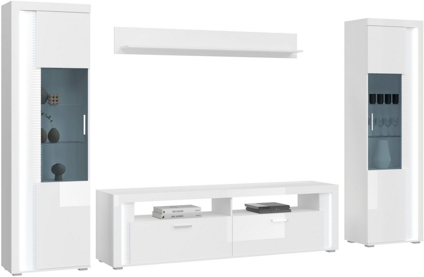 Home affaire Wohnwand Viborg, 4-teiliges Set, inkl. vertikaler Frontbeleuchtung, best. aus:, (4-St), 2x Vitrine, 1 Lowboard & 1x Wandboard, Wohnkombination, Wohn-Set