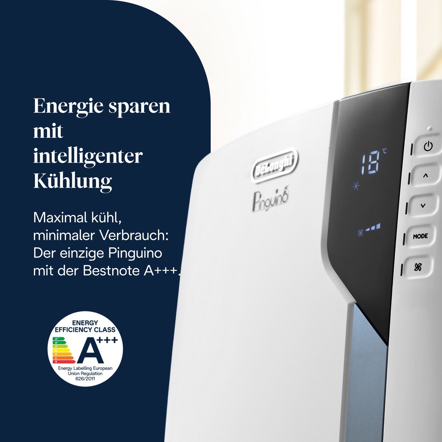 De'Longhi 3-in-1-Klimagerät Pinguino EX105 – der Energieeffizienteste, 30m² Räume, A+++, 10.000 BTU/h, 2,5Kw, Luftentfeuchtermodus, 63dB