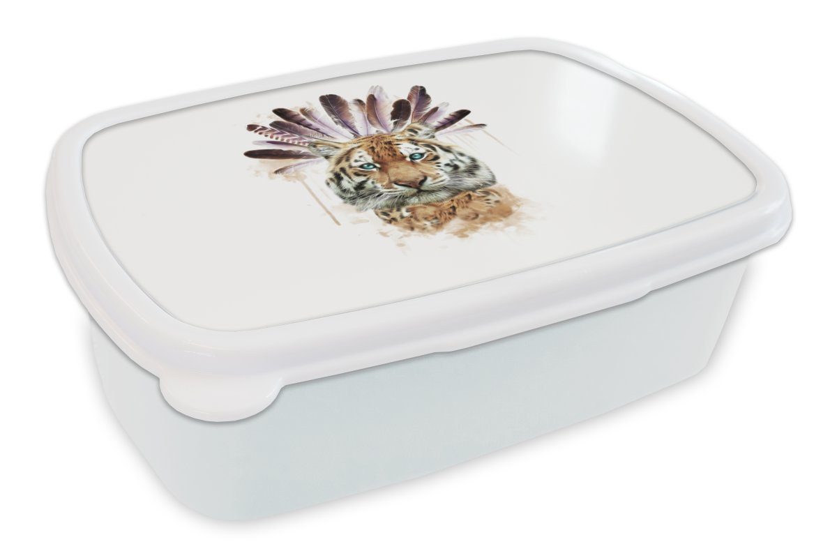 MuchoWow Lunchbox Tiger - Kopf - Federn, Kunststoff, (2-tlg), Brotbox für Kinder und Erwachsene, Brotdose, für Jungs und Mädchen weiß