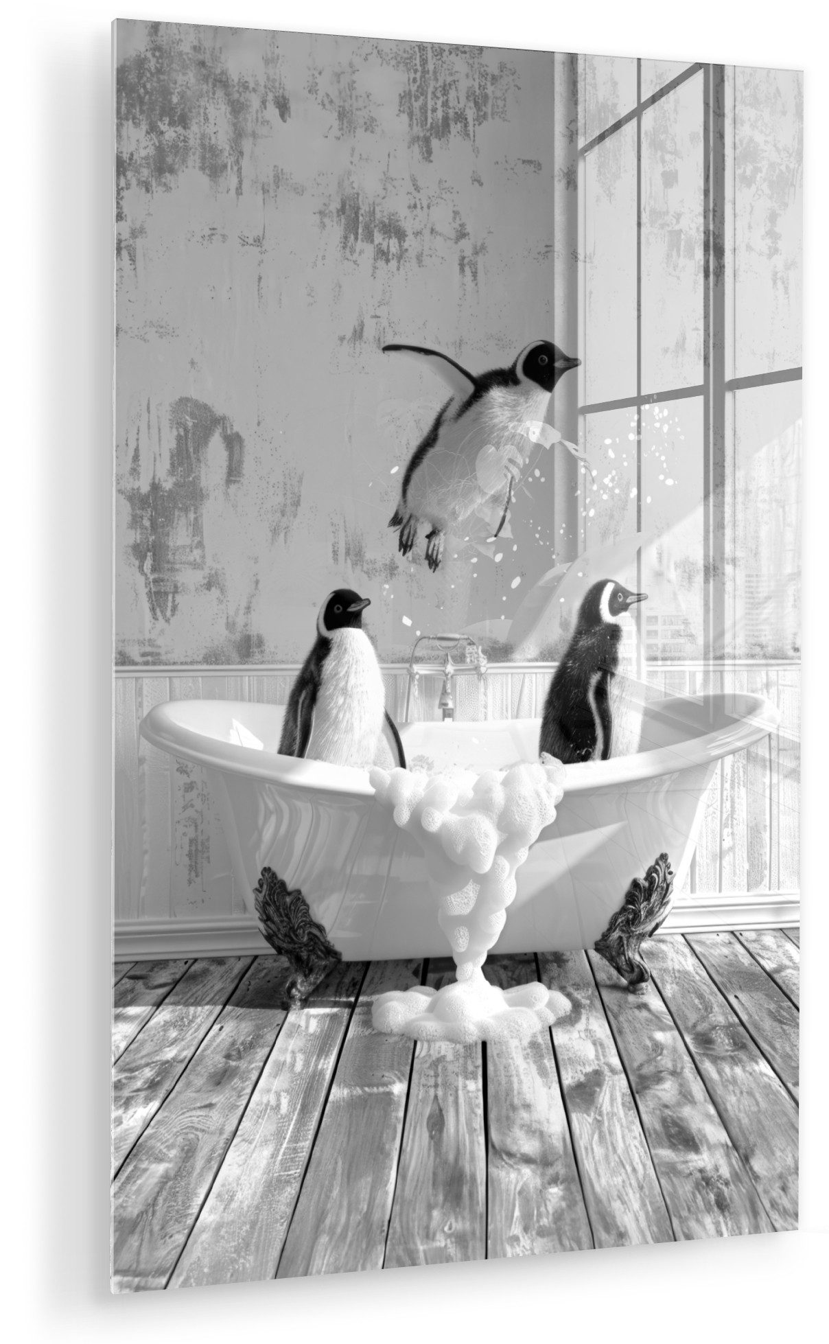 MuchoWow Acrylglasbild Pinguine - Vintage - Tiere - Schwarz - Weiß, Inkl. Aufhängung, Acrylglasbilder Badezimmer, Toilette Bilder auf Glas, 20x30 cm
