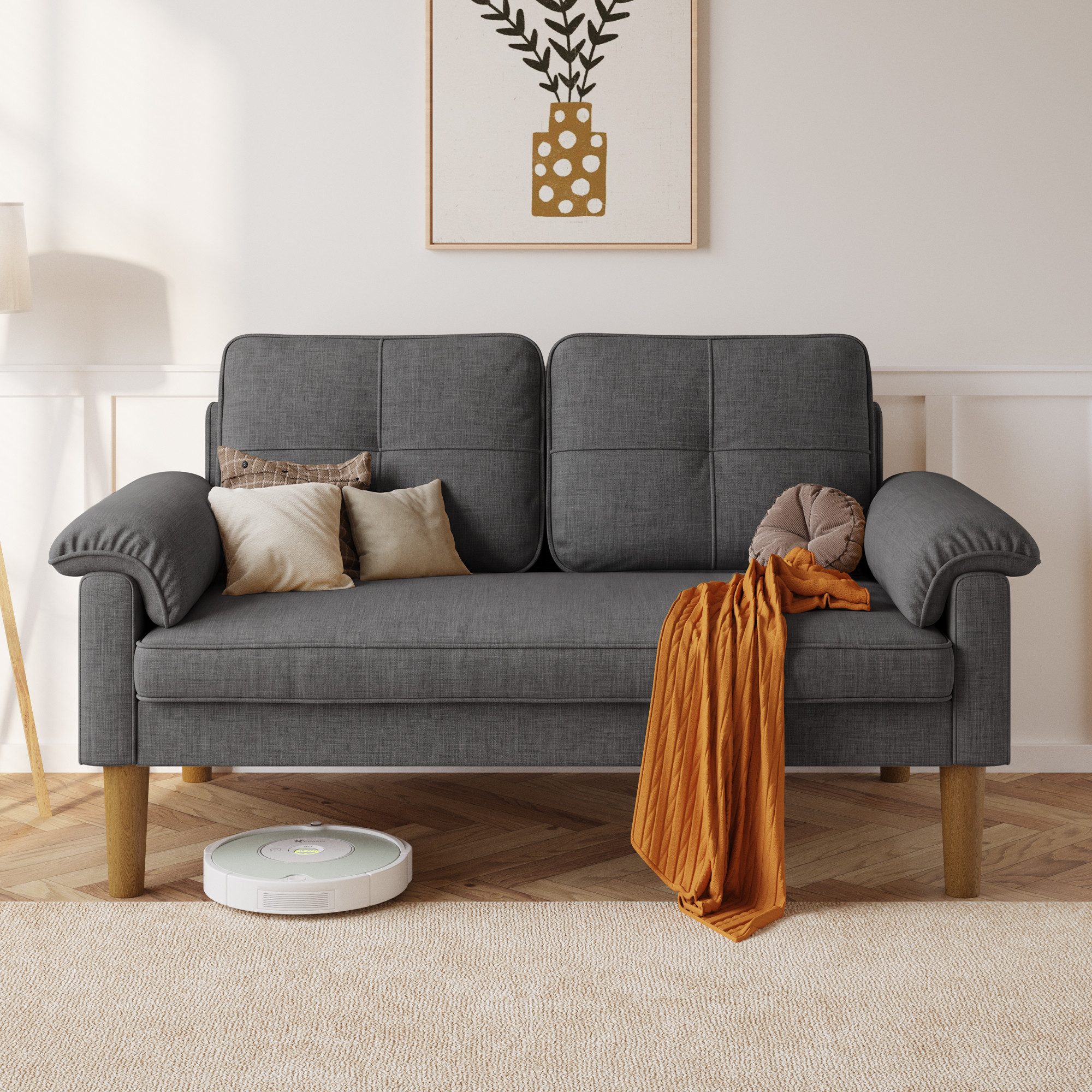 Bealife 2-Sitzer Kleine Couch, mit Armlehne und Seitentasche, 144 x 77 x 77 cm, Geeignet für kleine Apartments / Schlafzimmer.