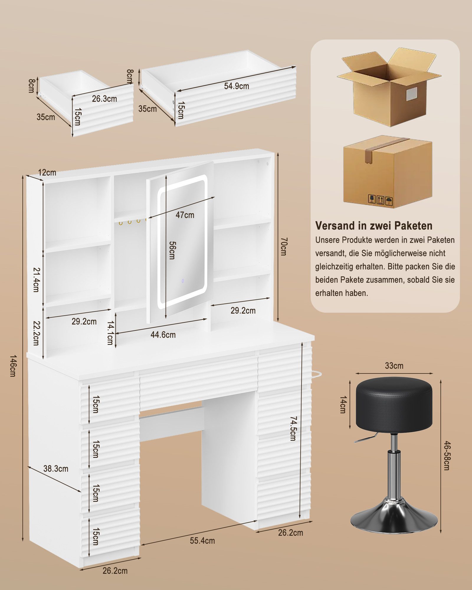 HOMALL Schminktisch LED-Schminkspiegel, schwarz-weißer Schminktisch und Hocker im Set (Kombination aus 9 Schubladen, 7 offenen Fächern und Stauraum hinter dem S – Bild 2 von 5