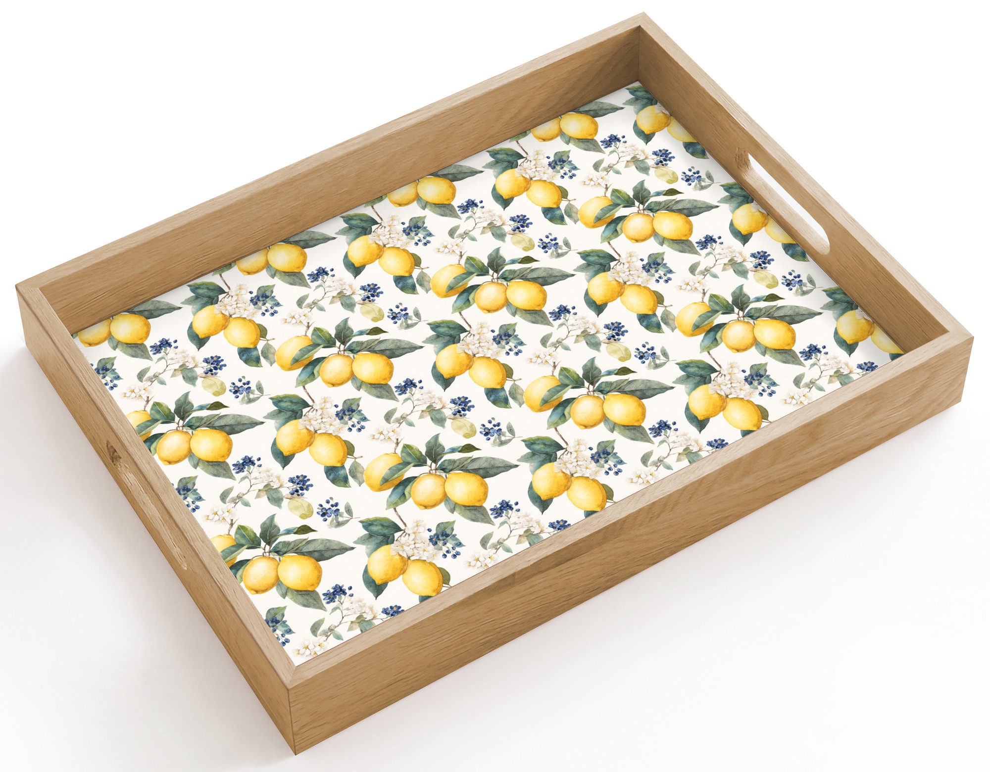 OnlyWow Tablett Rechteckig mit Henkel Frans - Citroen - Citrus - Bloesem - Geel - Gro, Eichenholz, (1-tlg), Siervierplatte, Tray, Frühstücksbrett