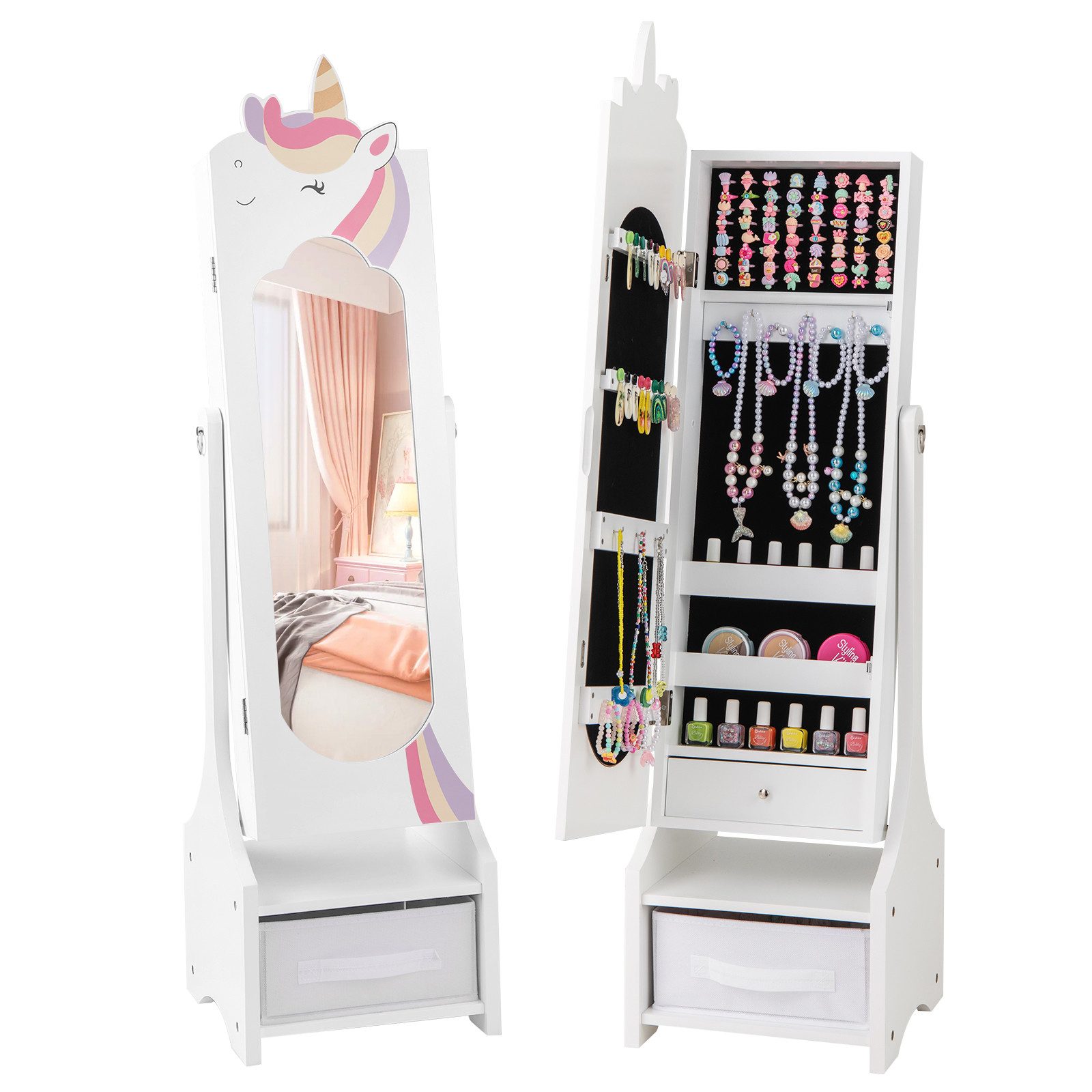 COSTWAY Schmuckschrank Kinder Spiegelschrank mit Aufbewahrunskorb günstig online kaufen