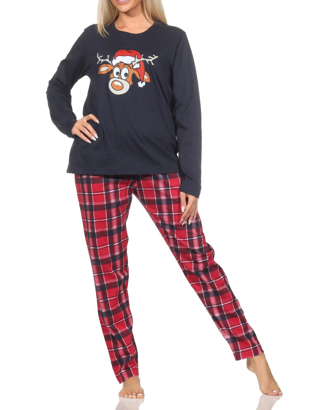 Normann Pyjama Damen Weihnachts Schlafanzug Pyjama mit lustigen Renntier Motiv