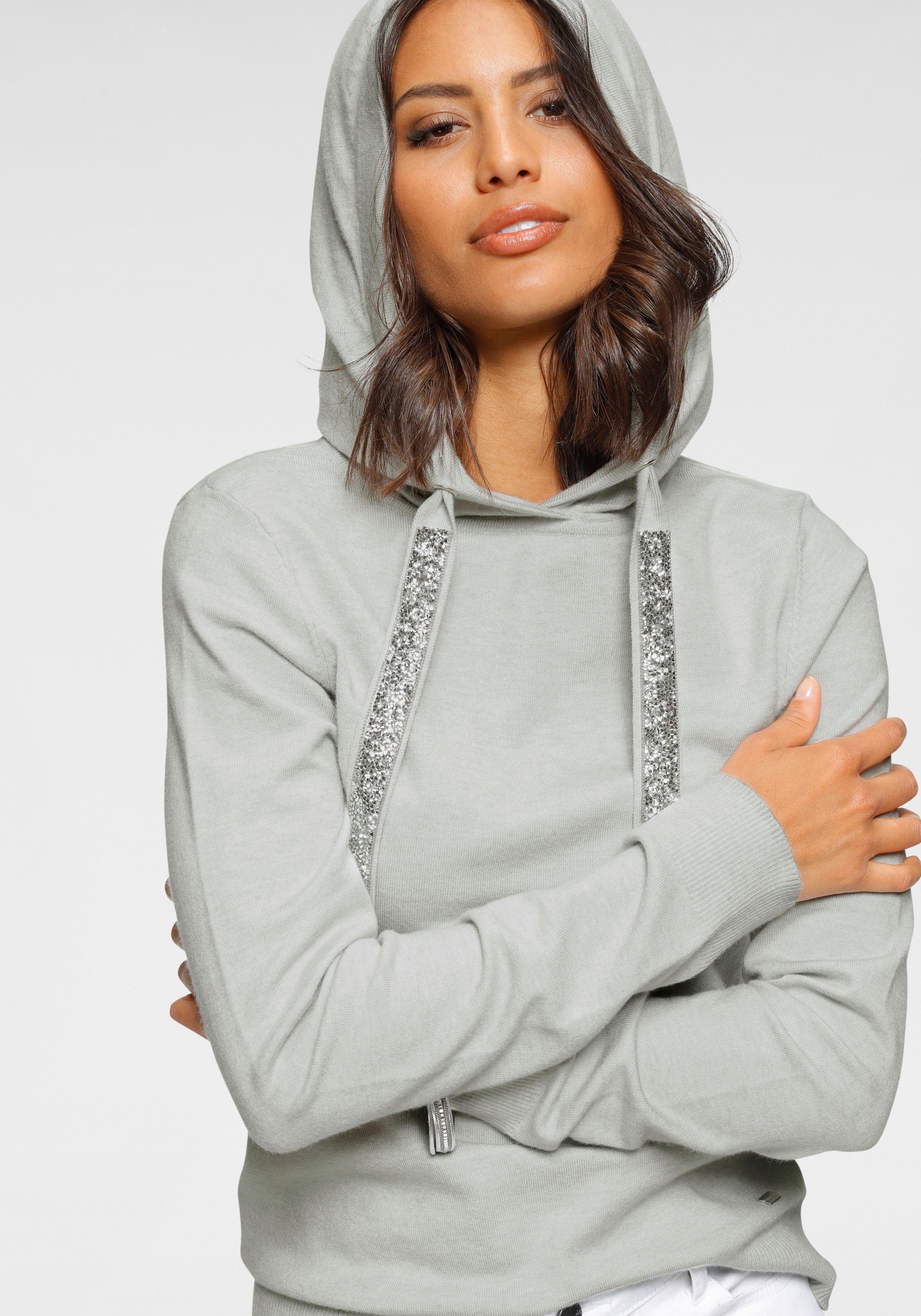 Laura Scott Strickpullover mit Kapuze und glitzernden Bändern