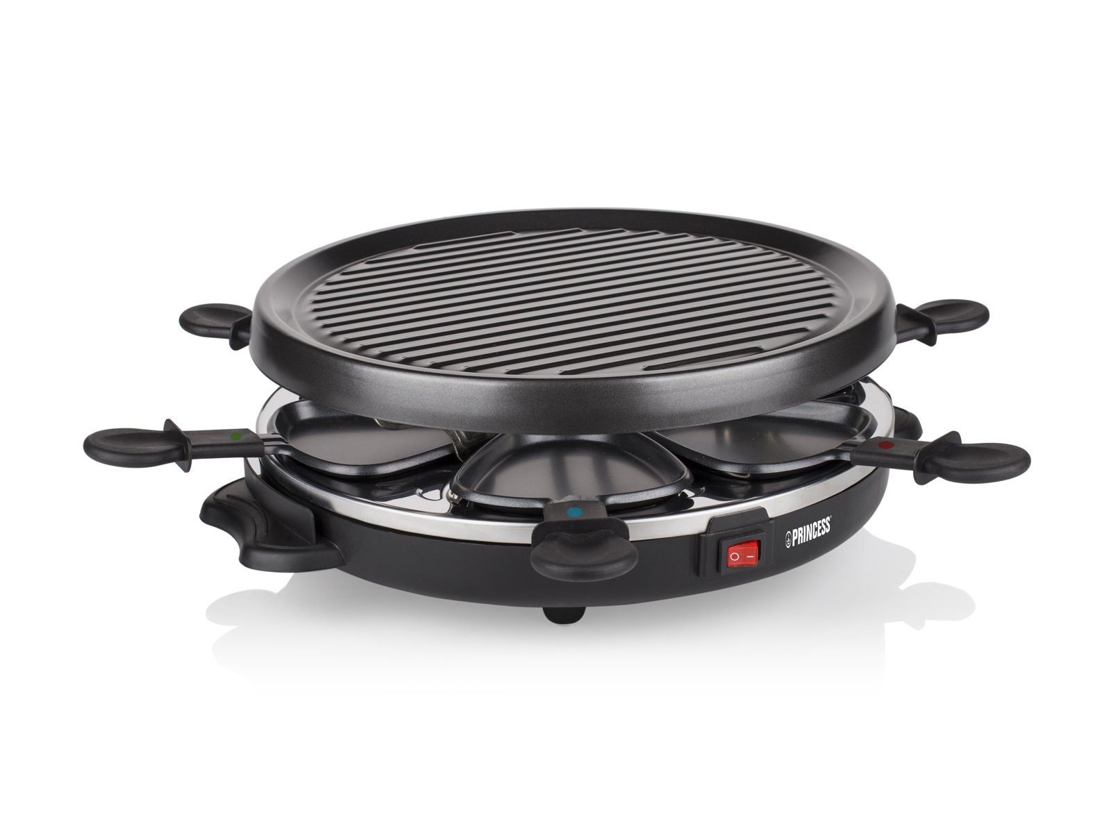 PRINCESS Raclette, 6 Raclettepfännchen, 800 W, Gerät für 2-6 Personen runder Tischgrill Ø30cm Raclet Camping geeignet