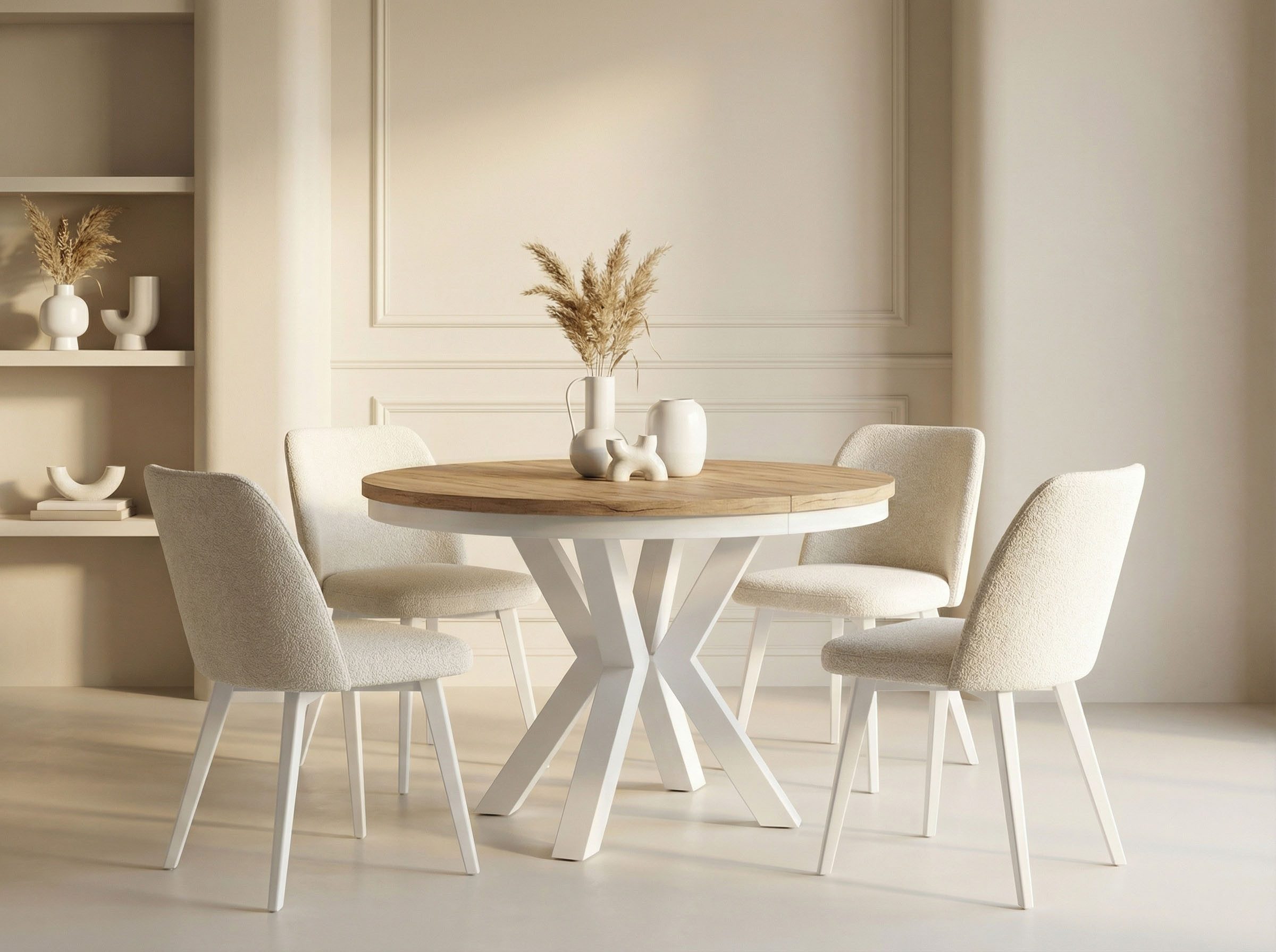 WFL GROUP Esstisch Clara White im Loft-Stil rund ausziehbar mit weißen Metallbeinen (MADE IN EU, erhältlich in zwei Größen – 100/120 cm, ausziehbar auf 180/200 cm), platzsparender Industrial Tisch in Holzoptik für Wohnzimmer oder Küche