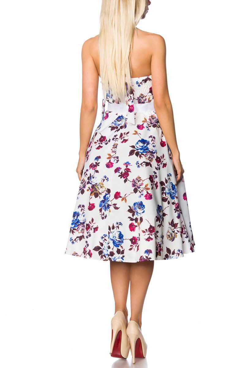 Atixo Minikleid Weiß geblümtes Rockabilly retro Kleid mit Gürtel Damen vintage neckhol