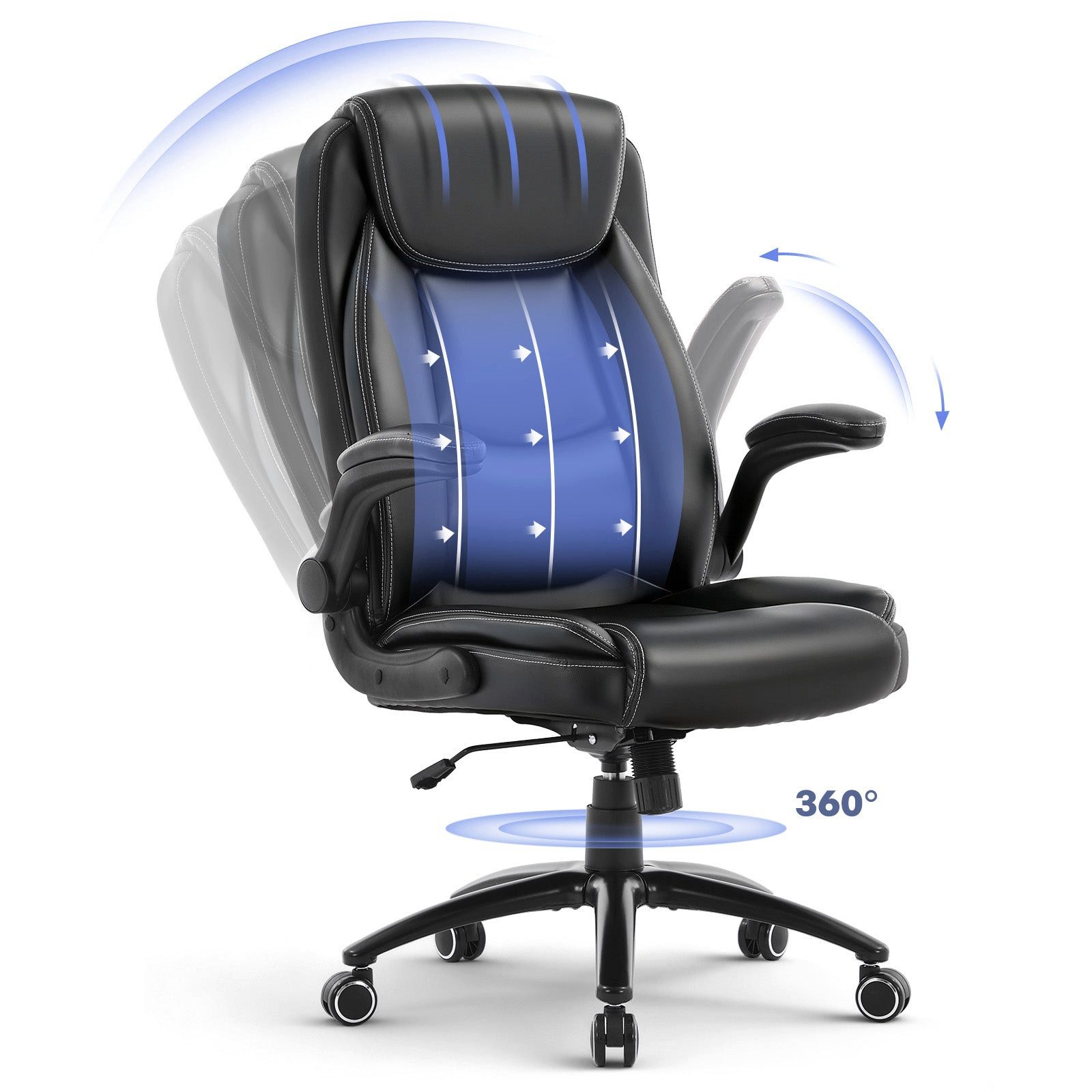 smartue Bürostuhl Ergonomischer Bürostuhl aus Leder mit klappbaren Armlehnen, Hochlehner Chefsessel mit Wippfunktion und extra Polsterung