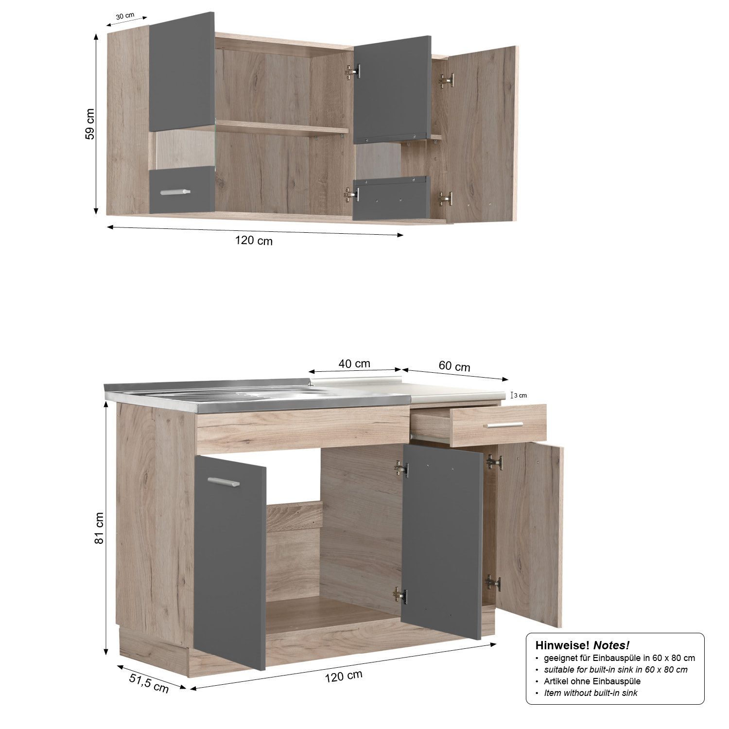 Homestyle4u Küchenzeile 120 cm ohne Geräte Singleküche Küchenschränke Grau matt Eiche Braun, (Oberschränke, Unterschränke, 2 Arbeitsplatten, Einbauküche), Küchenblock, Einbauküche, Miniküche