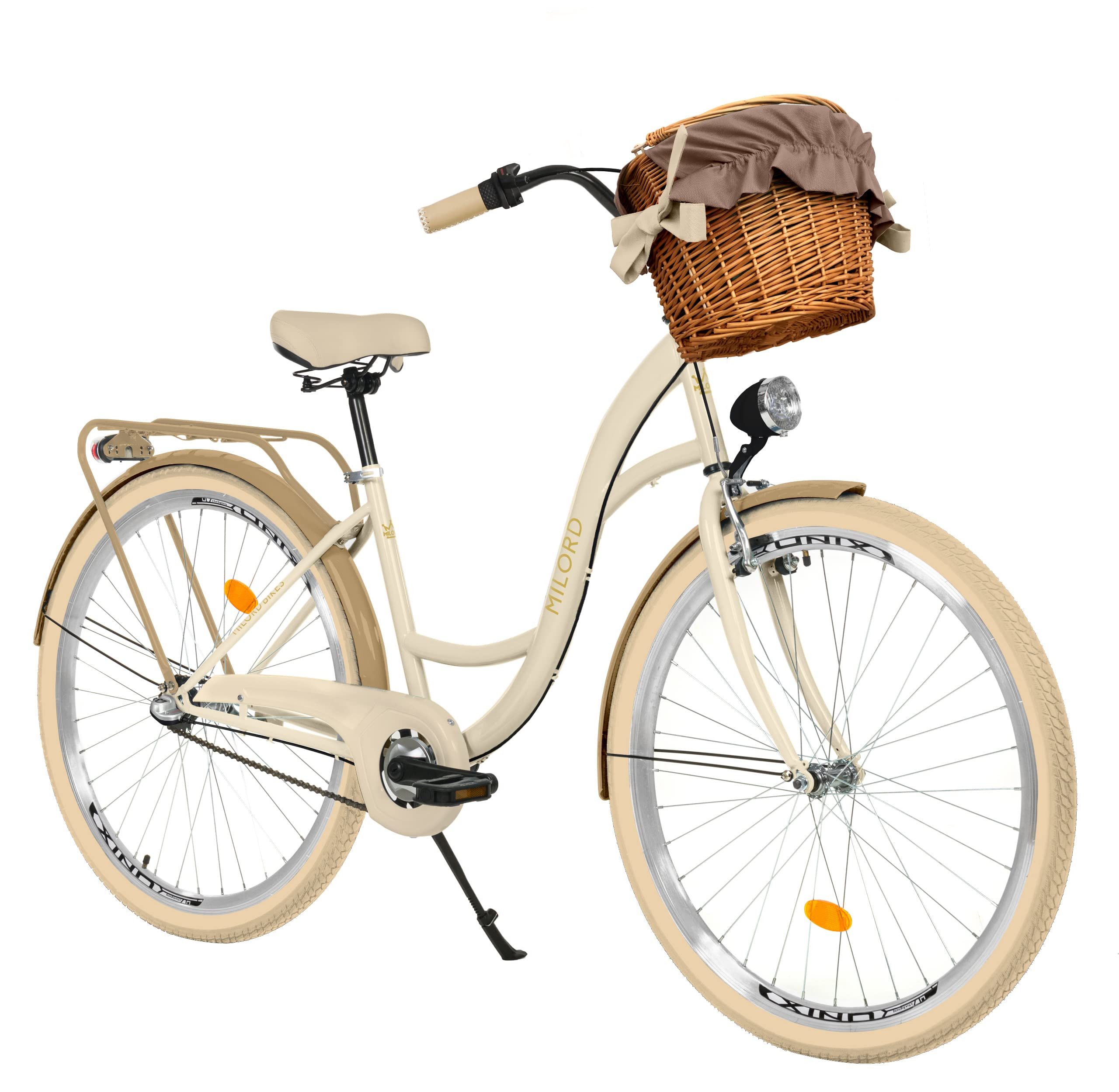 Milord Cityrad Milord City Fahrrad Weidenkorb Damen, 28/26 Zoll, Creme-Braun, 3-Gang, 3 Gang, (Fahrradständer, Gepäckträger, Klingel, Korb, Kotflügel)