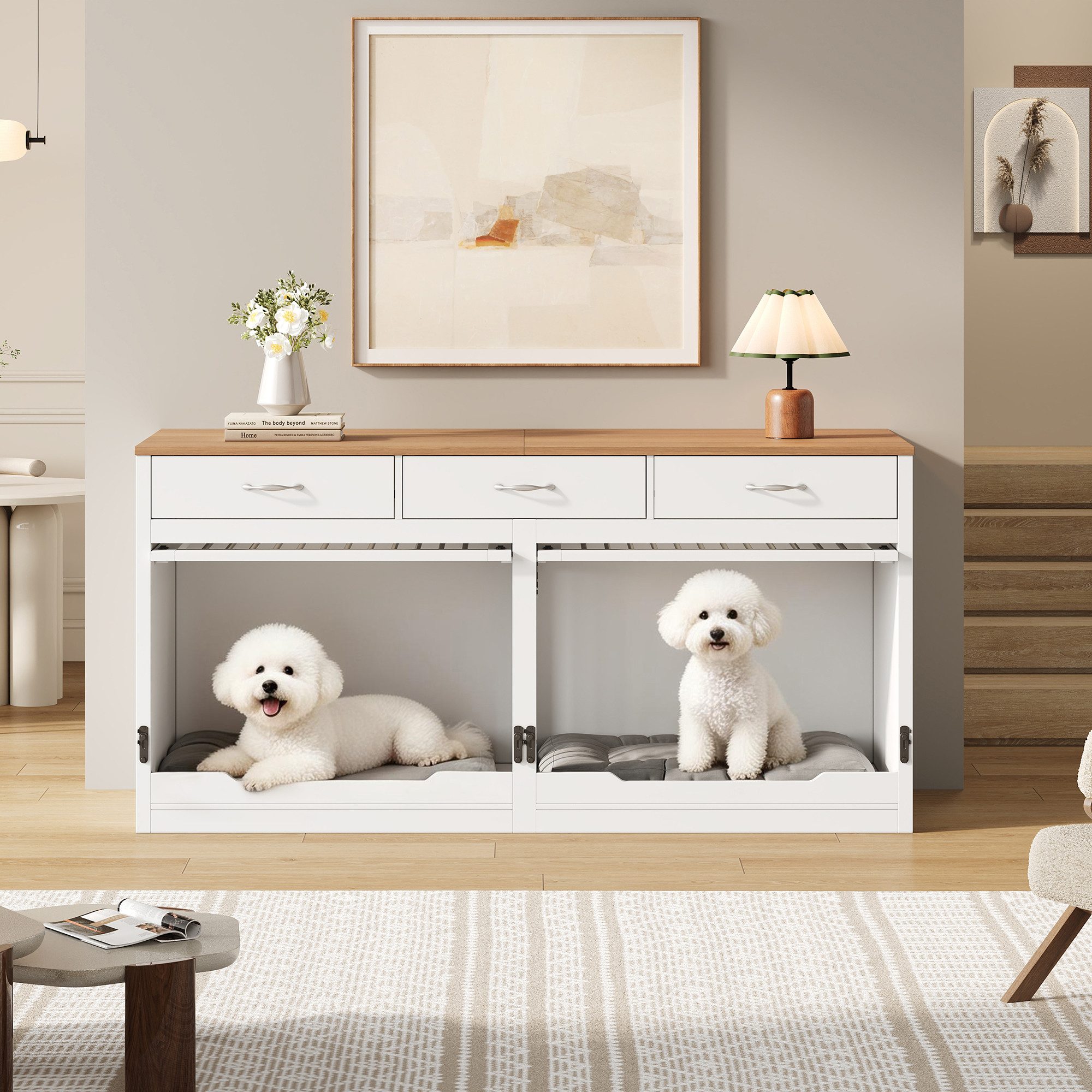 OKWISH Hundehütte 164x81x60 cm aus MDF+Metall mit 3 Schubladen – Weiß/Natur, XXL-Hundekäfig für 2 Hunde Holz-Metall-Design, Klappdeckel, Trennwand