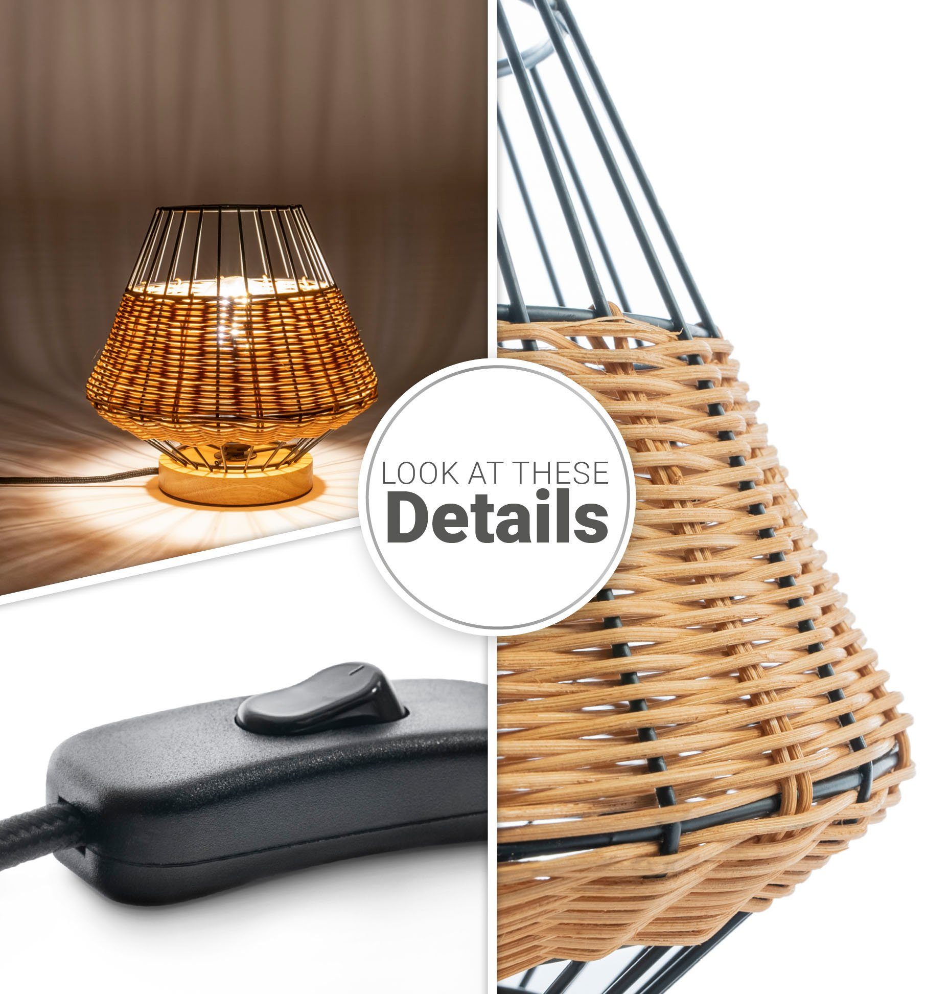 Leuchtmittel, ohne Tischleuchte PUNTO, E27 Rattan Nacht Home Paco LED Boho Holz Style Rustikal Käfig Lampe