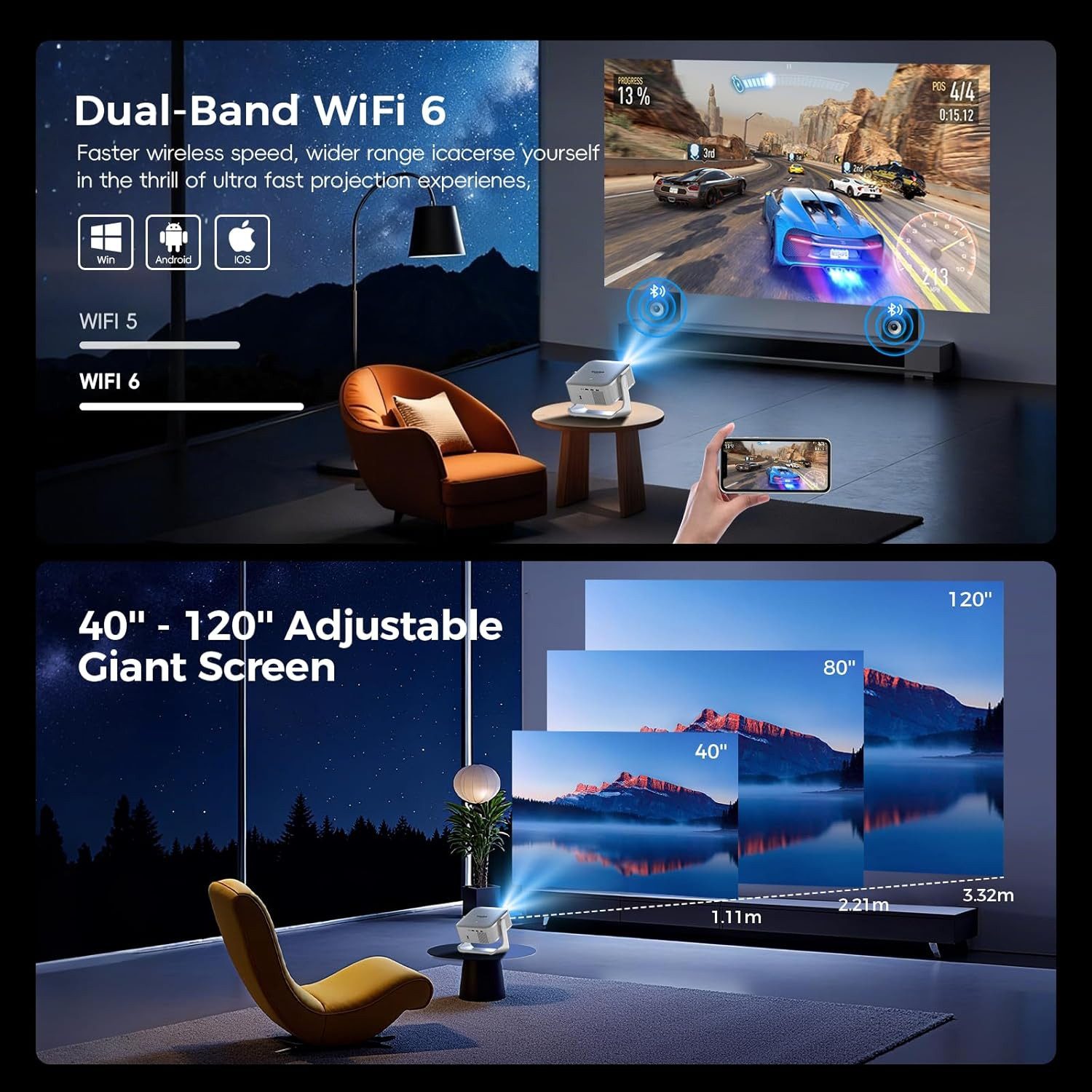wowlink [Smart TV OS & HDR10+ & 3D Sound] 4K Beamer mit WiFi 6 Beamer (580 lm, 20000:1, 4K px, Bluetooth 5.4, Built-in Smart OS & Apps & Auto Focus & Keystone) weiß