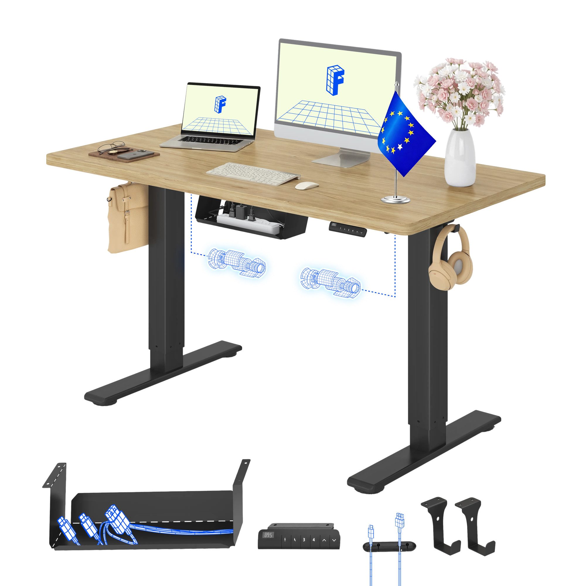 FLEXISPOT Schreibtisch Basic Plus höhenverstellbarer Schreibtisch mit Premium-Zubehör-Set (2 Motore & 2-Fach-Teleskop & 4 Höhenspeichertasten), MIT 25MM einteiliger Tischplatte, MADE in EU, 120/140/160/180