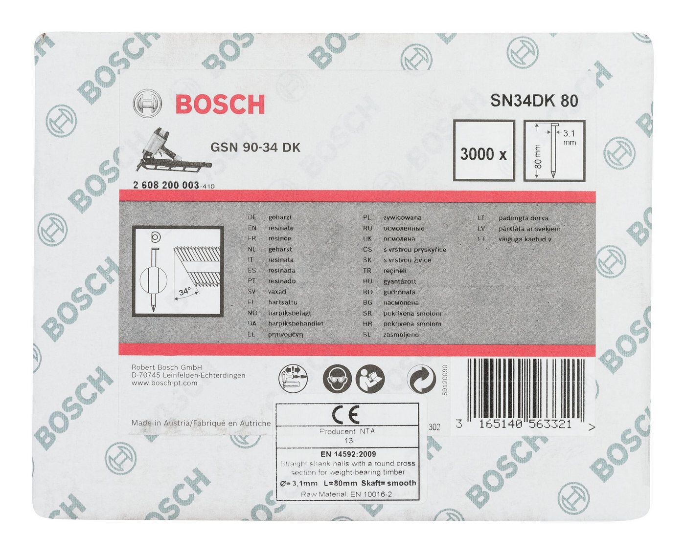 Thumbnail - BOSCH Tackerklammer, SN34DK D-Kopf Streifennagel blank glatt - 3,1 x 80 mm - 3000er-Pack