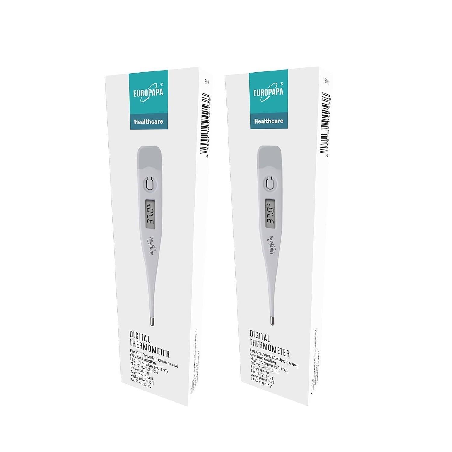 EUROPAPA Fieberthermometer 2 Stück Digitales Fieberthermometer für Babys, 2-tlg., Kinder und Erwachsene, Thermometer für oral, axillar oder rektal, wasserdicht mit Fieberalarm