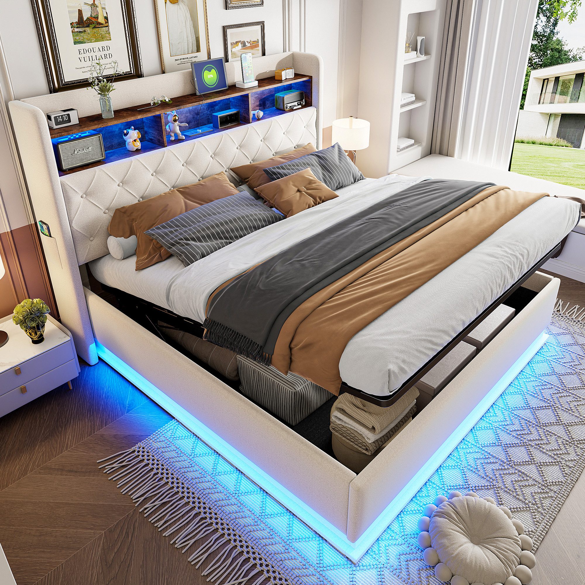 Flieks Polsterbett, LED Doppelbett 180x200cm mit USB-Ladefunktion & hydraul günstig online kaufen