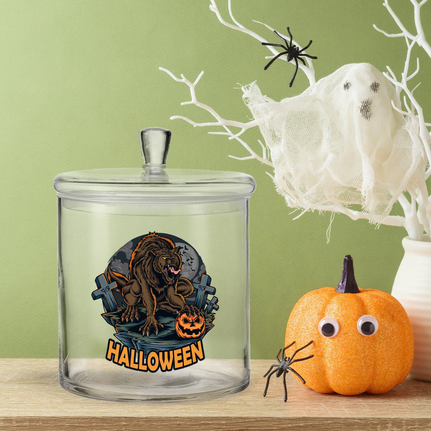 (Kein Keksdose mit GRAVURZEILE Glas, UV-Druck Werwolf Design, Set) Halloween V1 -
