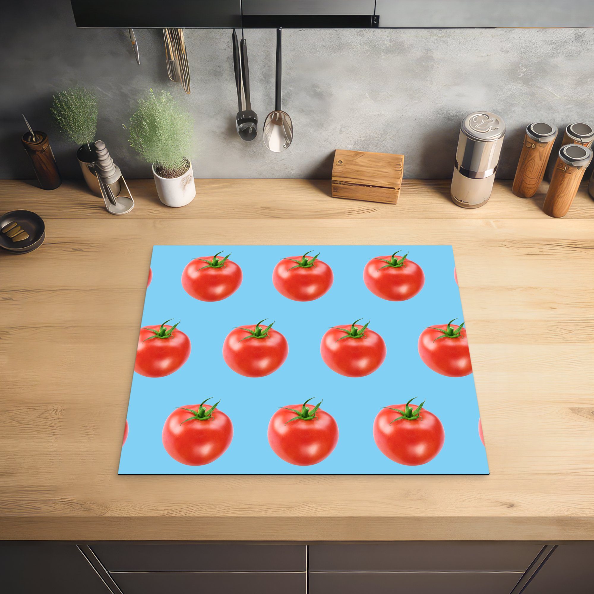 Blau, küche, Tomate Induktionsmatte tlg), - (1 Muster - Herdblende-/Abdeckplatte MuchoWow für cm, Vinyl, die 59x52 Ceranfeldabdeckung