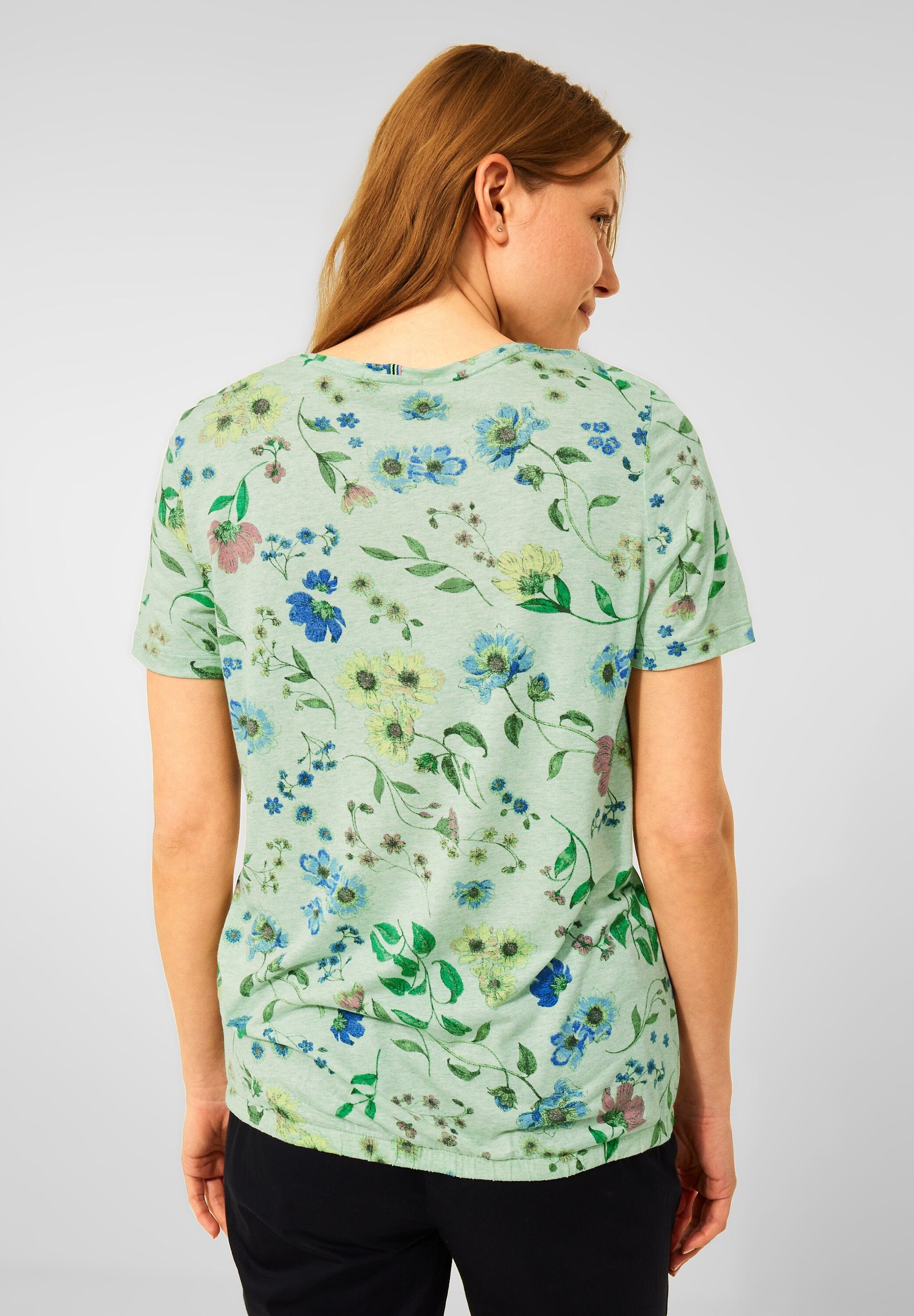 Shirt in Green T-Shirt Cecil (1-tlg) Cecil Melange Gummizugsaum Soft mit Blumenprint