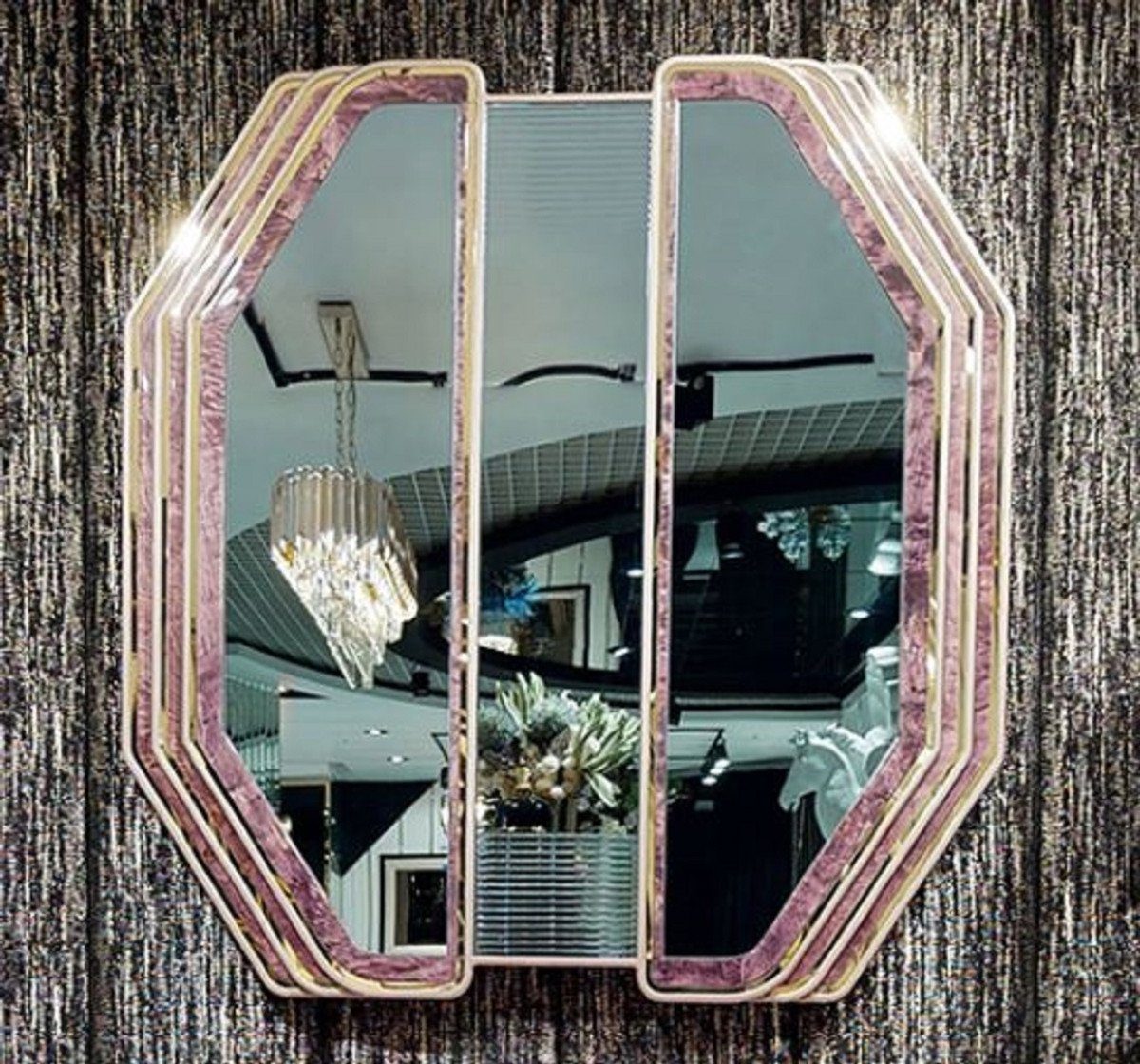 Casa Padrino Wandspiegel Luxus Art Deco Wandspiegel Lila / Gold - Massivholz Spiegel mit Marmoroptik - Luxus Art Deco Wohnzimmer & Hotel Möbel