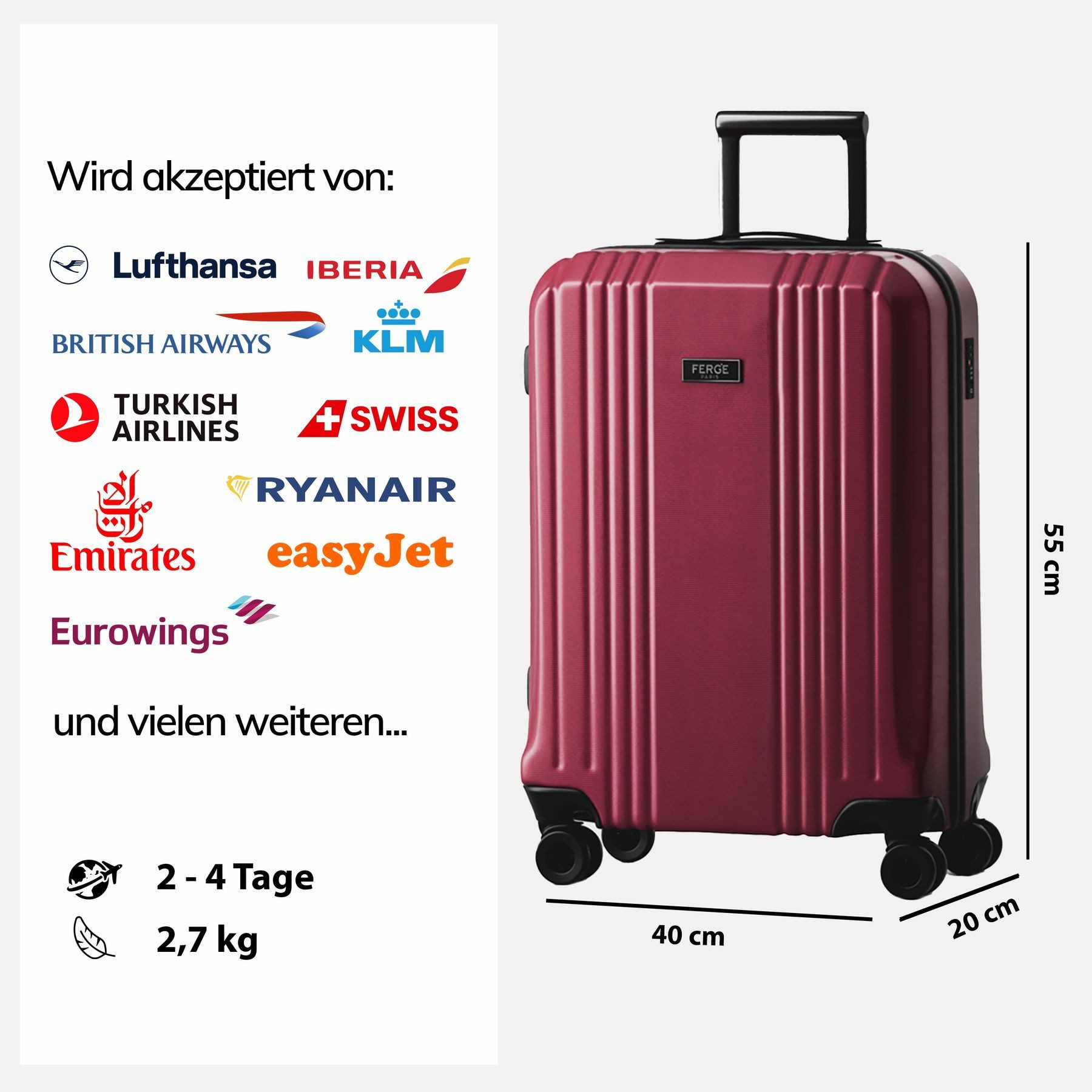 FERGÉ Koffer Hartschale Handgepäck Koffer CANNES TSA-Schloß Burgunder, Trolley Carry-On 55 cm, Premium Reisekoffer 4 Doppelrollen TSA-Schloss