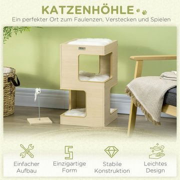PawHut Tierhaus Katzentonne, Katzenhöhle, 2 Ebenen, inkl. Spielzeug, Eiche, 34L x 34B x 60H cm