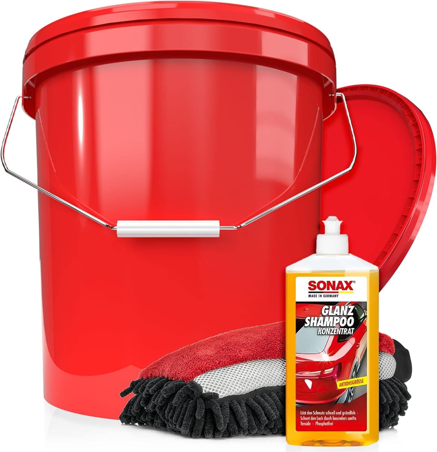 detailmate Sonax Auto GlanzShampoo, Wascheimer + Deckel, Waschhandschuh Auto-Reinigungsmittel (Classic, [- Autoshampoo - Eimer - Waschhandschuh)
