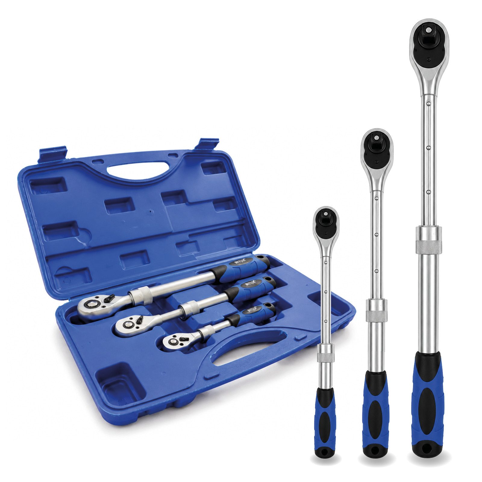 Bituxx Ratsche Teleskop Ratschen Set 3-tlg. 1/2 Zoll 3/8 Zoll 1/4 Zoll (3 St., MS-17464)