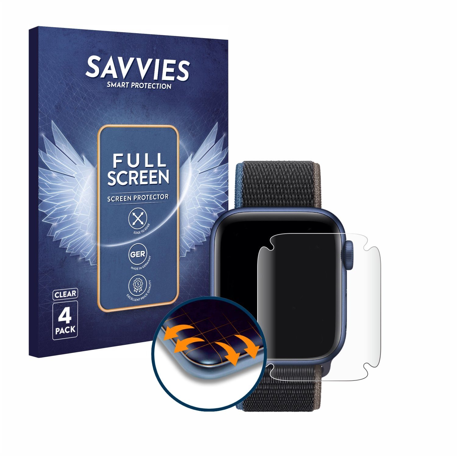 Savvies Full-Cover Schutzfolie für Apple Watch Series 6 (44 mm),  Displayschutzfolie, 4 Stück, 3D Curved klar