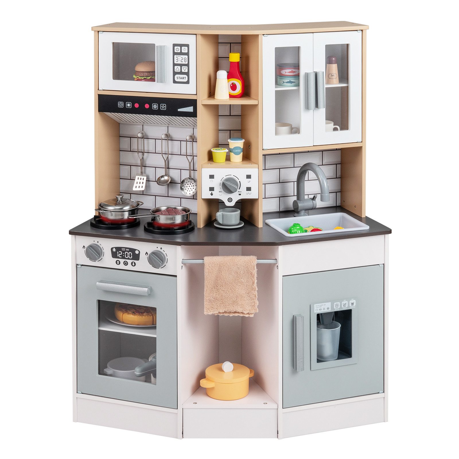 COSTWAY Spielküche MDF, Mit Dunstabzugshaube, Eismaschine, Mikrowelle & Ofen