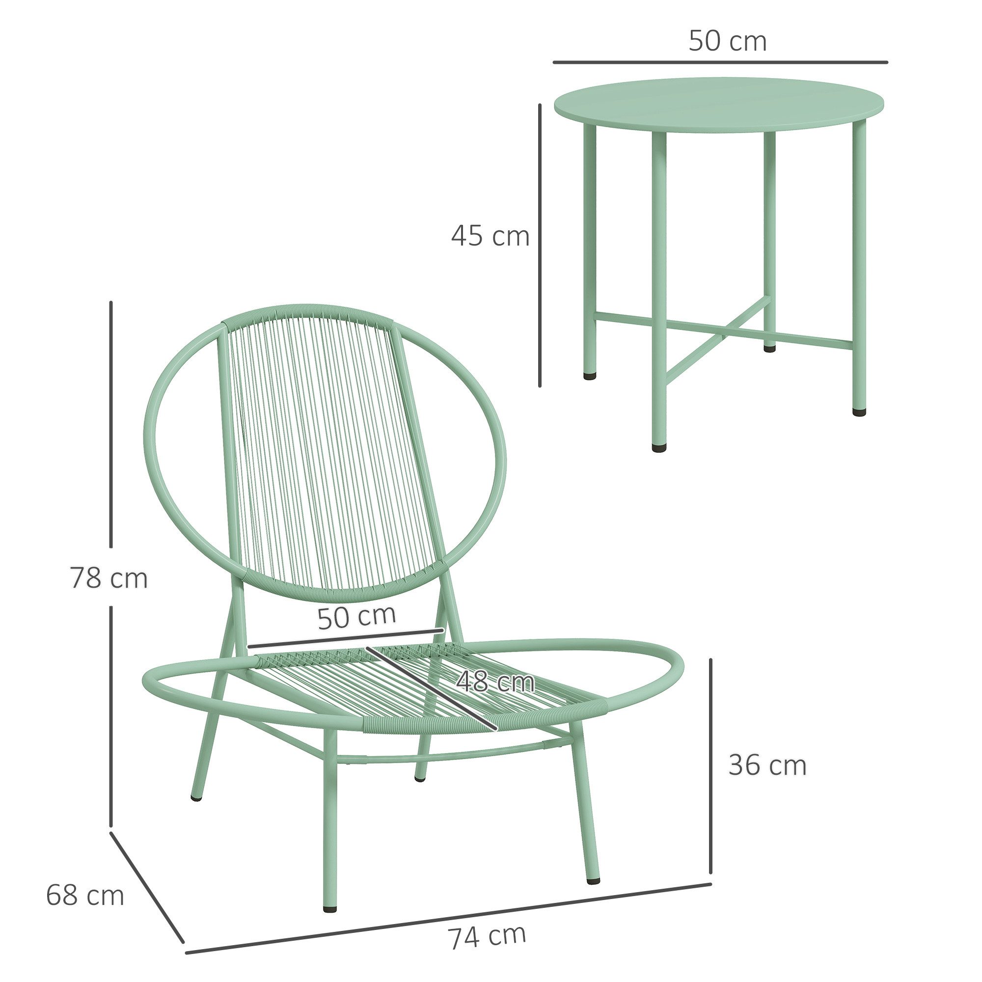 Outsunny Balkonset mit Bistrotisch, ergonomische muschelförmige Gartenstühlen, (3-teilig Gartenmöbel-Set, 3-tlg., Bistro-Set aus Stahl), für den Außenbereich, Balkon, Grün
