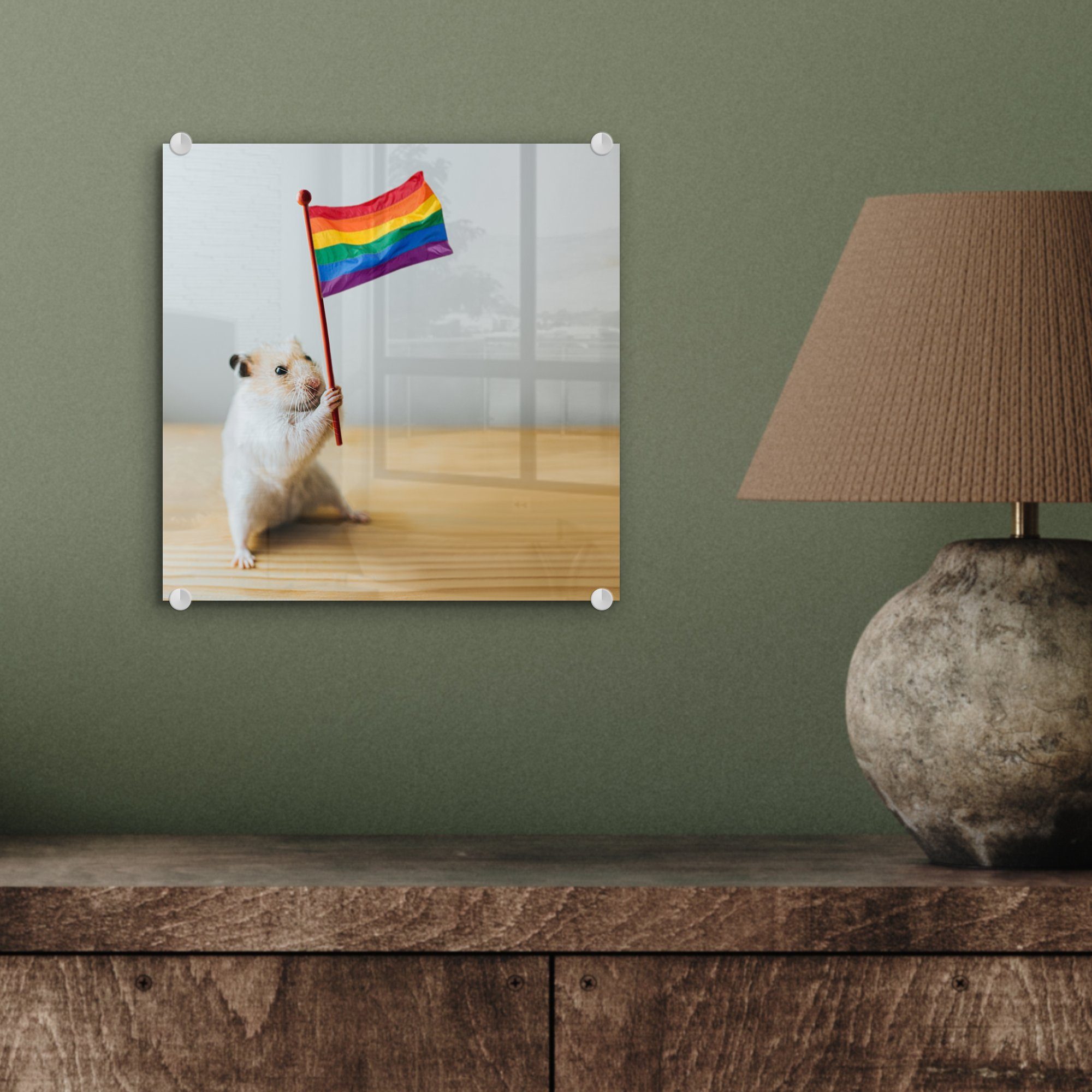 MuchoWow Acrylglasbild Hamster mit Foto - St), Glas - Glasbilder auf Glas Bilder einer Wanddekoration (1 - auf Regenbogenflagge, Wandbild