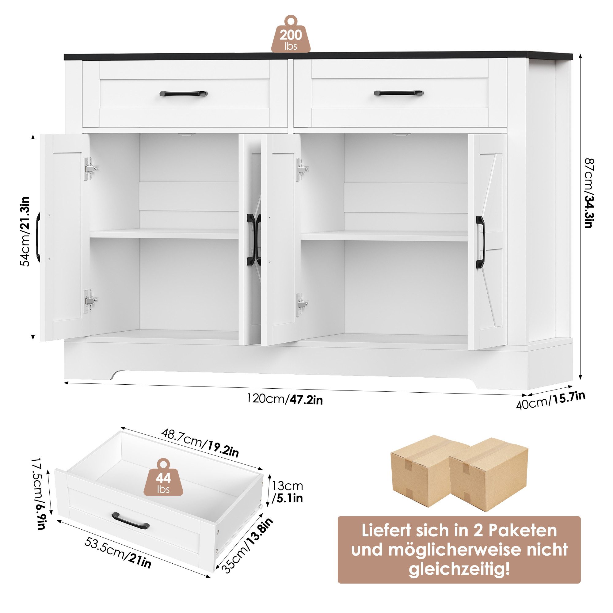 HOMECHO Buffet 120cm Küchenschrank mit 2 günstig online kaufen