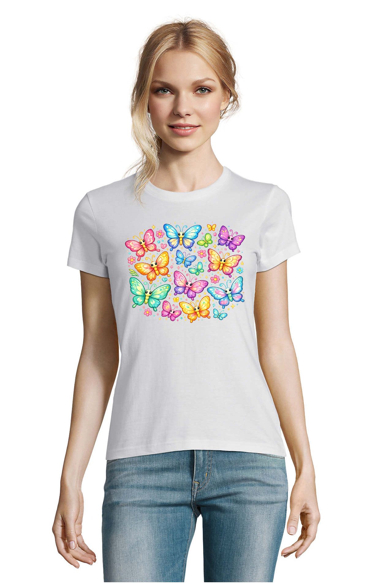 Blondie & Brownie T-Shirt Colorful Butterflies Damen Tee Frontprint Baumwolle Rundhals Print (Einzelstück, Einzelartikel) Colorful Butterflies Damen Tee Blütenzauber Print