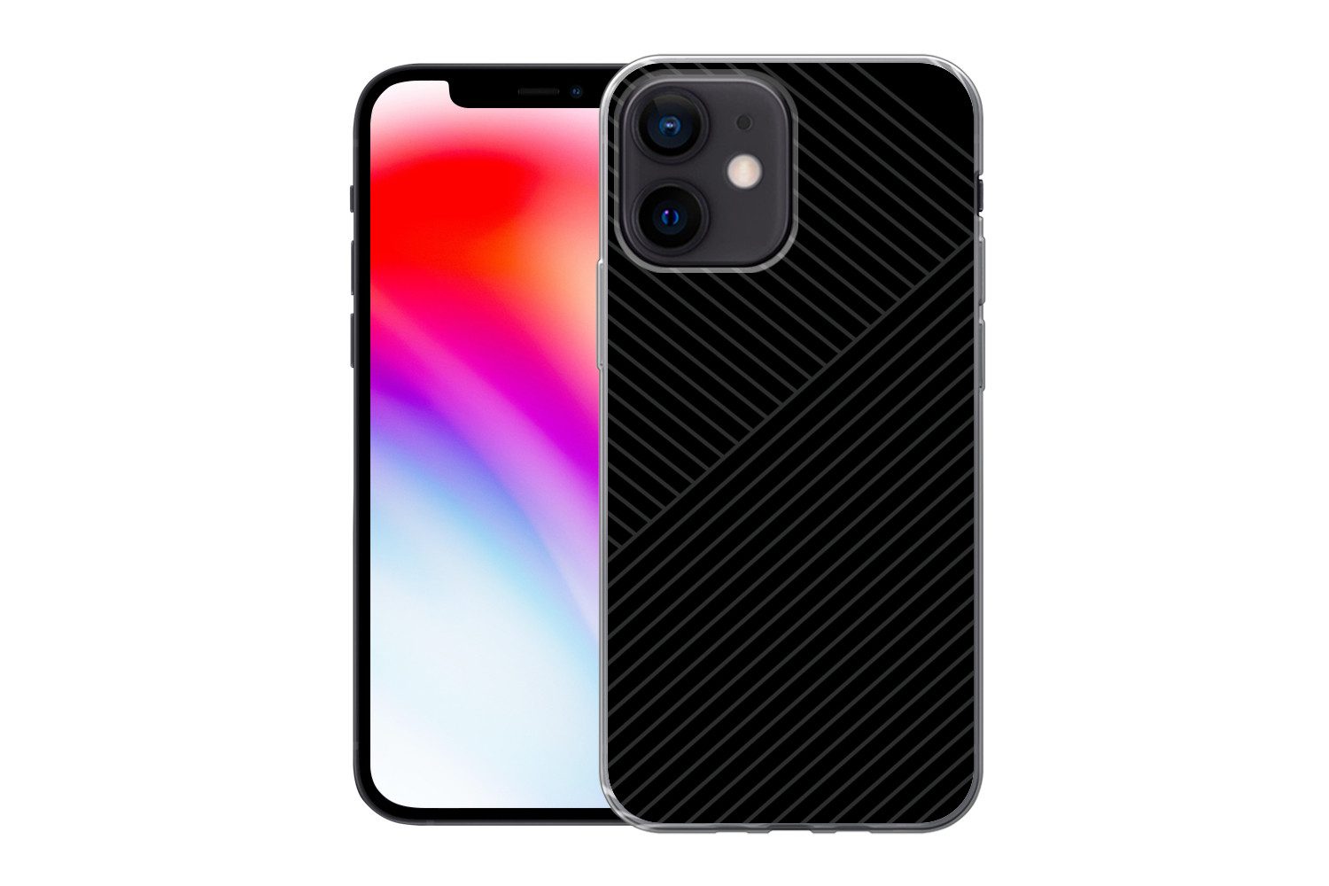 MuchoWow Handyhülle für Apple iPhone 12 mini Linien - Abstrakt - Schwarz - Grau - Minimali, Smartphone-Bumper, Print, Handy Schutzhülle Dünn