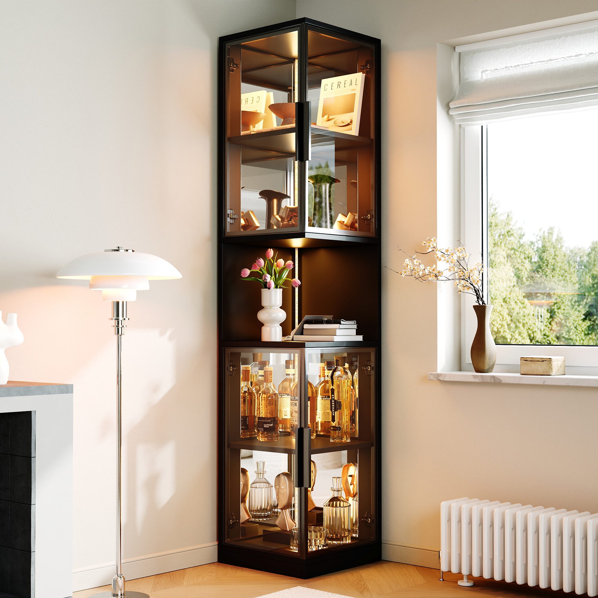 Flieks Eckvitrine Glasvitrine mit LED-Beleuchtung und Glastüren, verspiegelter Rückwand (1-St., 42x44x205 cm) Standvitrine mit 5 Fächern Eckschrank Hochschrank für Sammler Schwarz