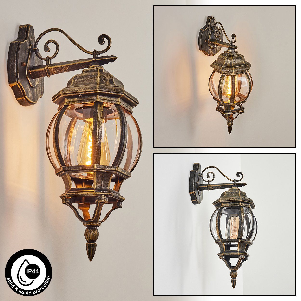 Leuchtmittel, in Hof, abwärts ohne IP44 Wandlampe für aus Wandleuchte hofstein Braun/Gold/Klar, und »Meyen« mit Außenleuchte Außen-Wandleuchte Metall/Glas E27, Veranda Terrasse,