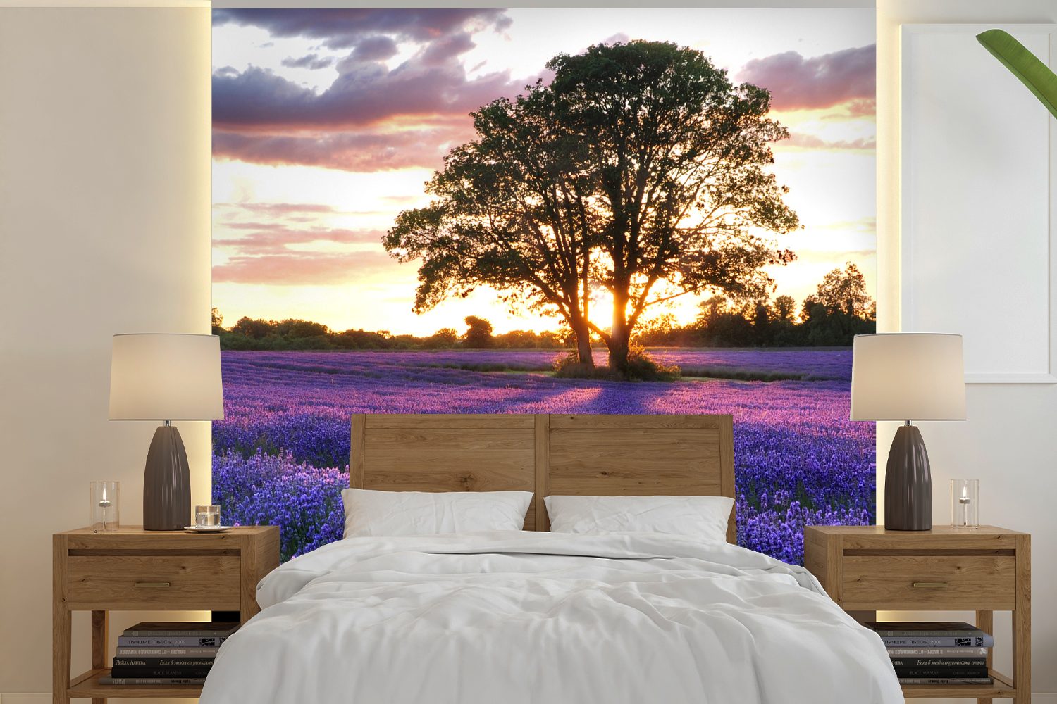 MuchoWow Fototapete Sommerabendlicher Sonnenuntergang über einem Feld mit Bio-Lavendel in, Matt, bedruckt, (5 St), Vinyl Tapete für Wohnzimmer oder Schlafzimmer, Wandtapete