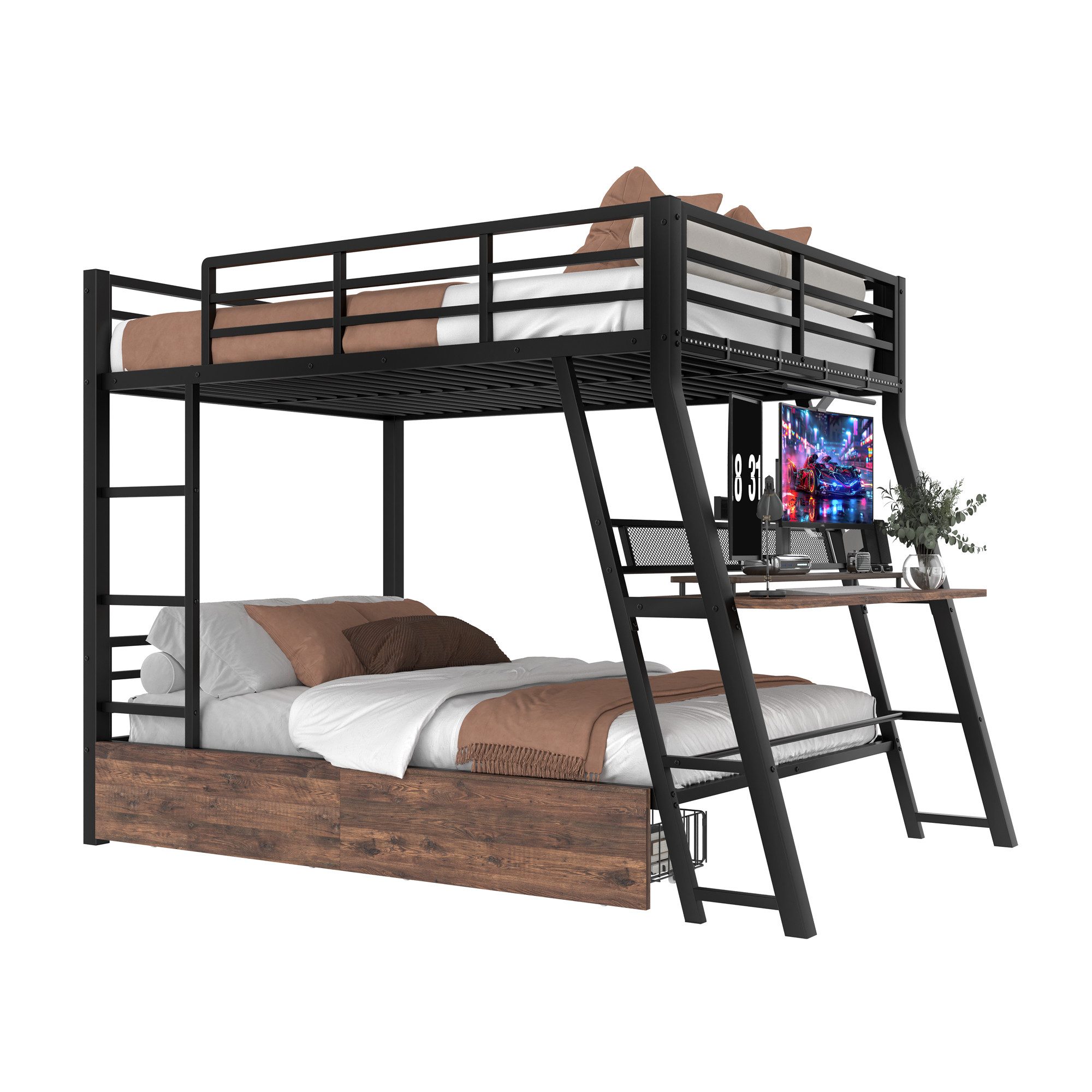SOFTWEARY Etagenbett mit LED-Beleuchtung und Schreibtisch günstig online kaufen