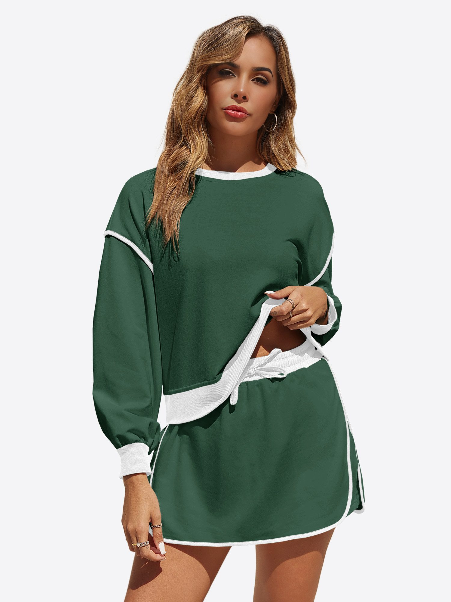 Imily Bela Hausanzug Damen 2-teiliges Set Trainingsanzug (Set, 1 tlg., Sweatshirt + Shorts mit Kordelzug) mit Rundhalsausschnitt