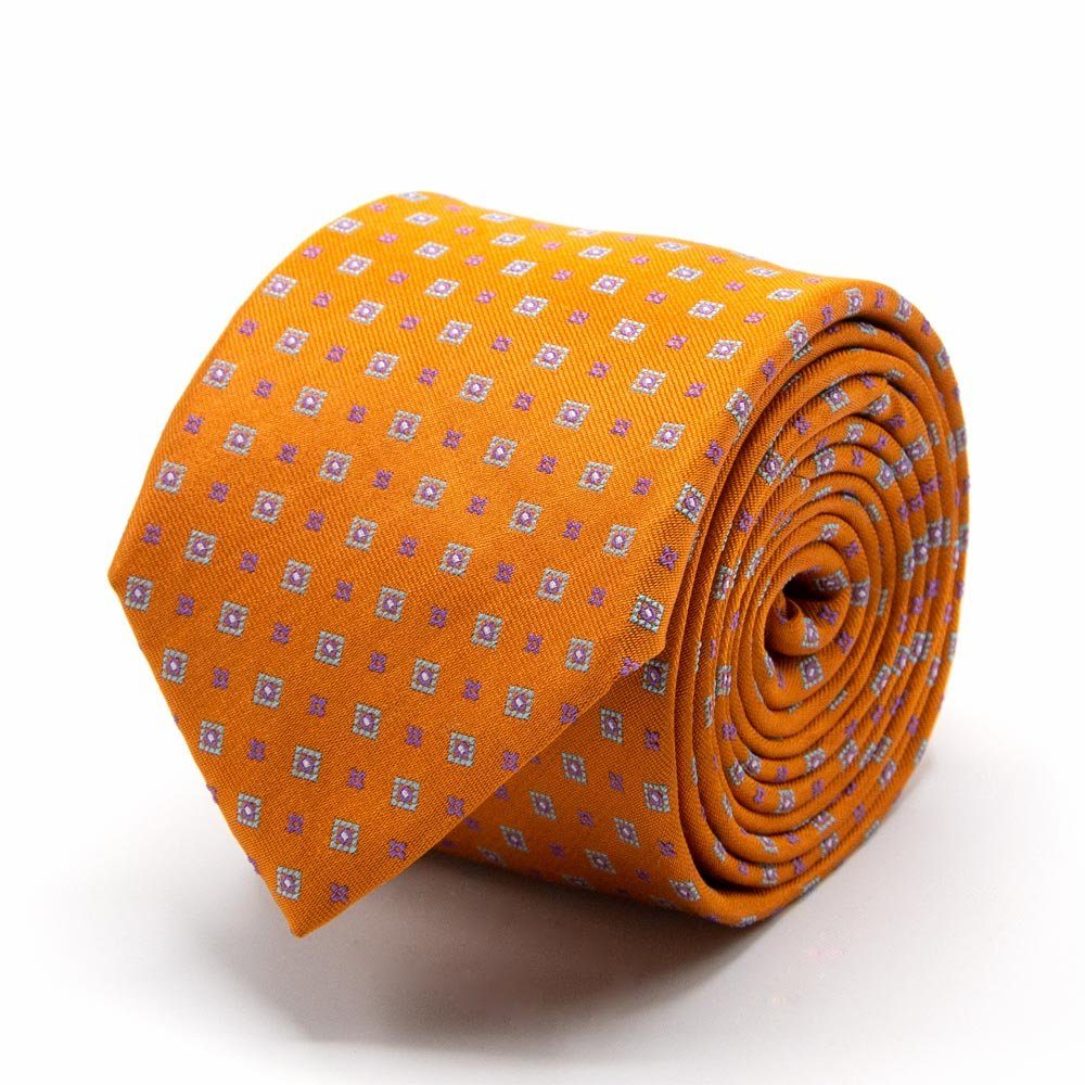 BGENTS Krawatte Seiden-Jacquard Krawatte mit Quadraten und Blüten Breit (8 cm) Orange
