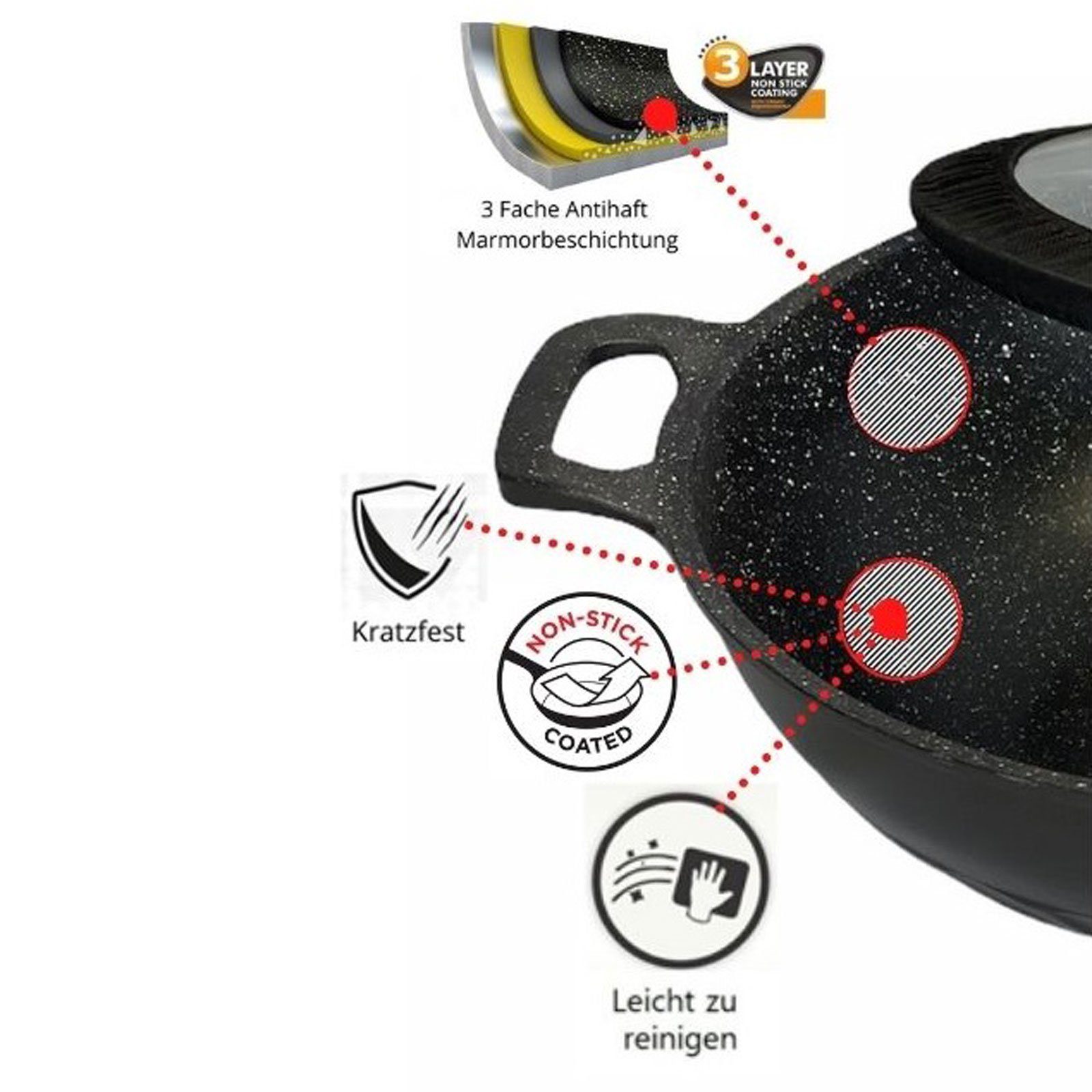 Cheffinger Wok Wokpfanne mit Glasdeckel Wok 32 cm Asia Induktion, Aluminiumguss, Induktion