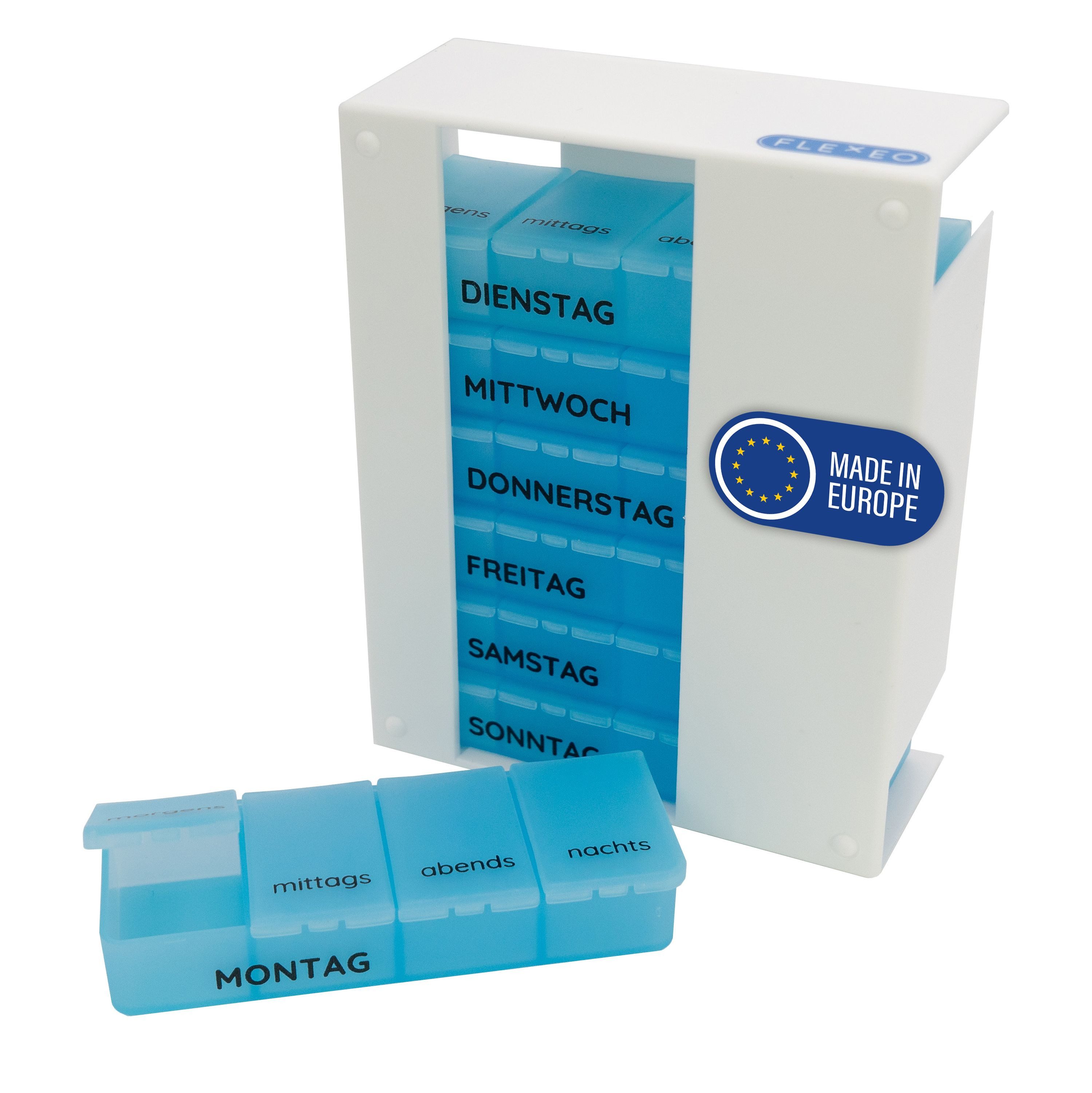 FLEXEO Pillendose 7 Tage à 4 Fächer (1 St), Tablettenbox Pillenbox Medikamentenbox, weiß