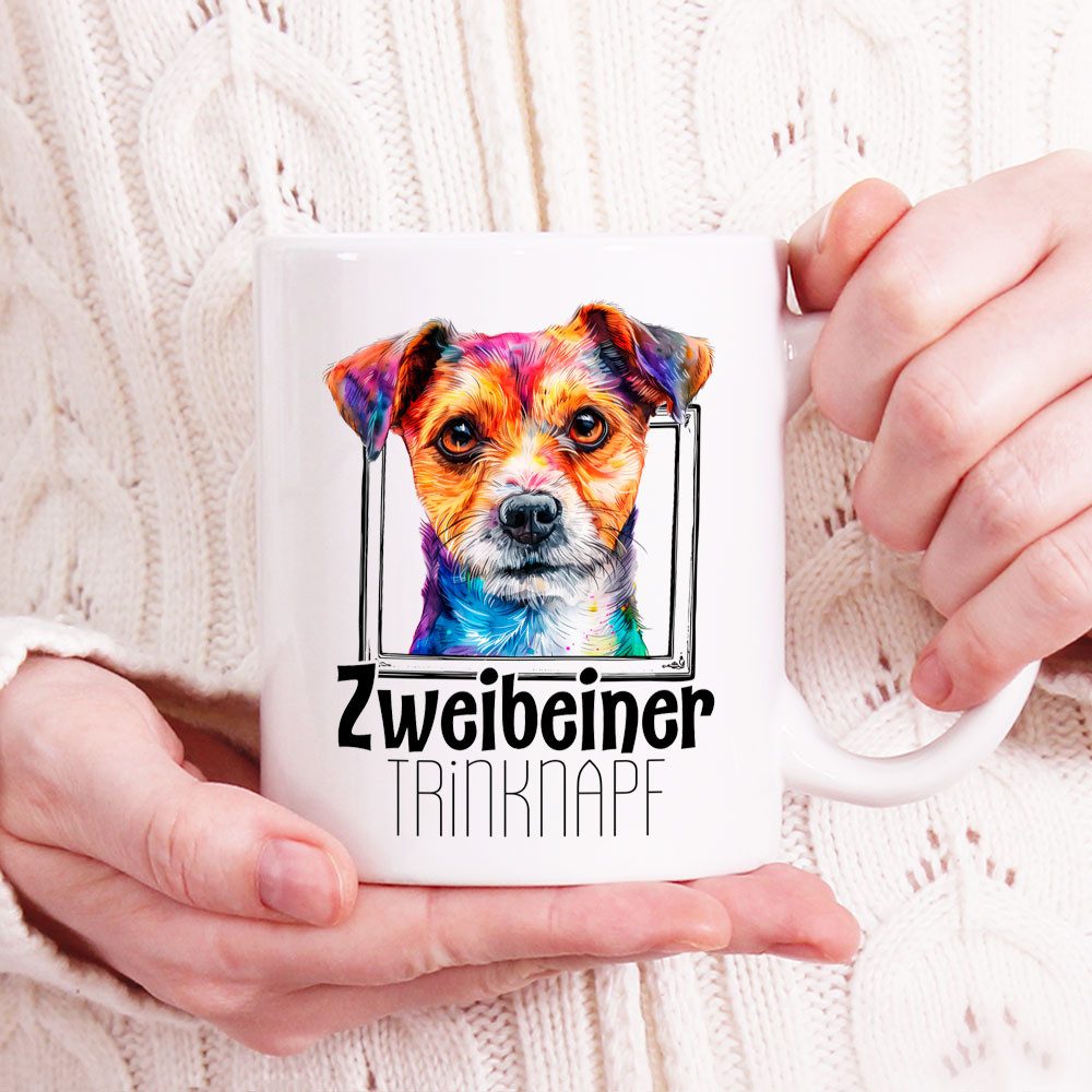 Cadouri Tasse ZWEIBEINER TRINKNAPF mit Jack Russell - Kaffeetasse für Hundefreunde, Keramik, mit Hunderasse, beidseitig bedruckt, handgefertigt, Geschenk, 330 ml