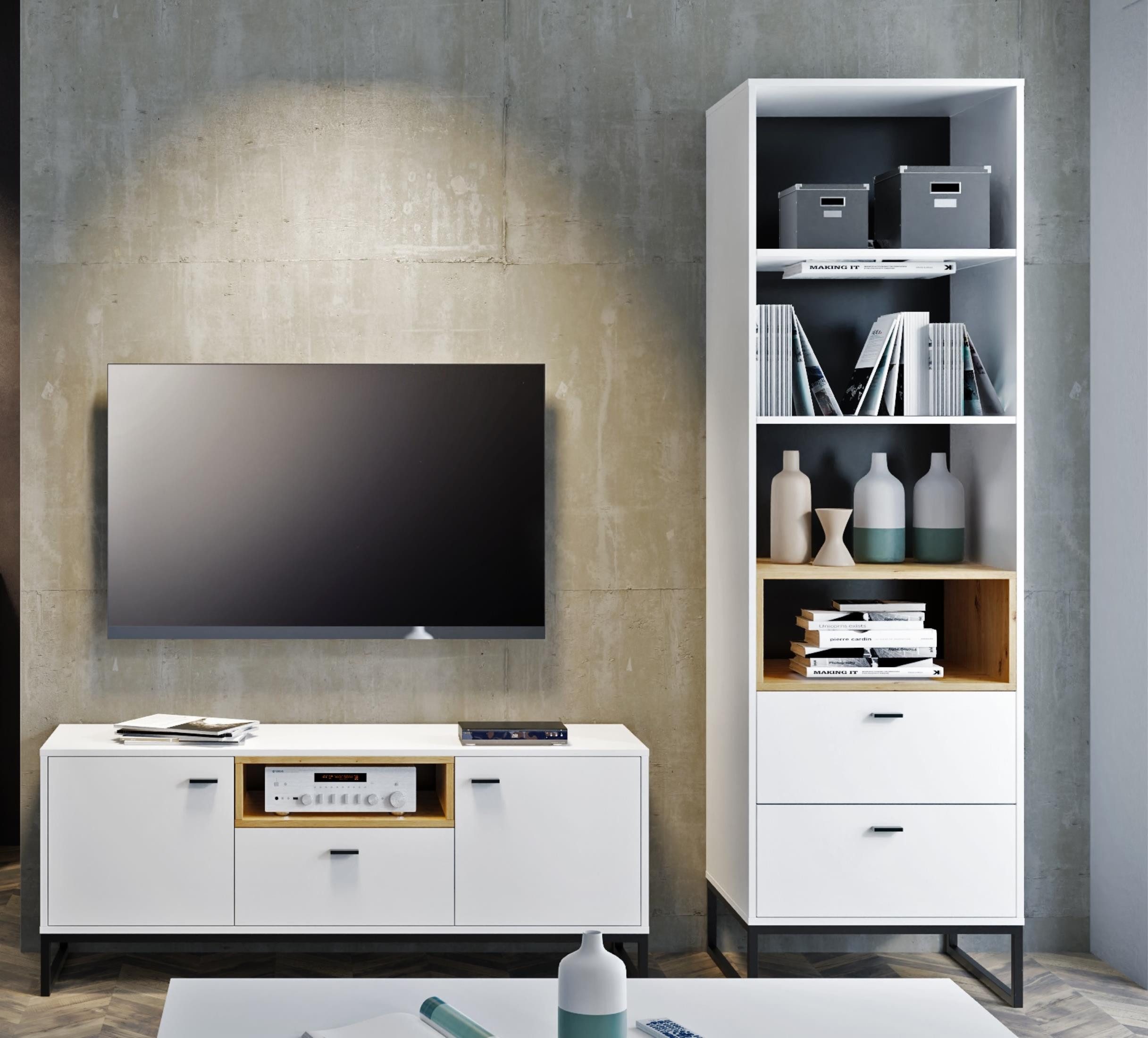 Furnix Wohnwand RELIO-2 2-teilige Mediawand Möbelset mit Metallgestell Weiß/Artisan, (Set 2-teilig, TV-Schrank, Hochvitrine), Design & Funktionalität