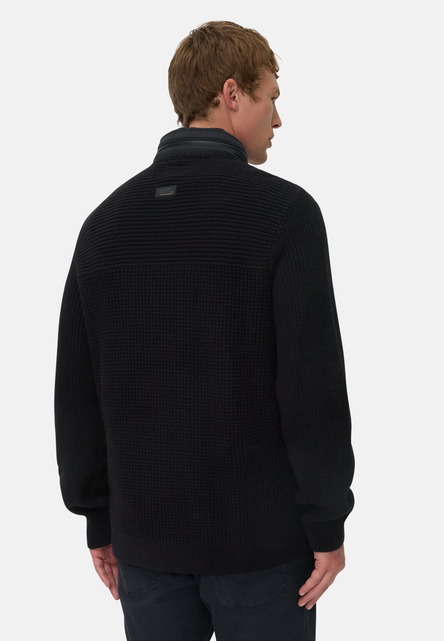 camel active Strickjacke mit einrollbarer Kapuze Langarm Stehkragen